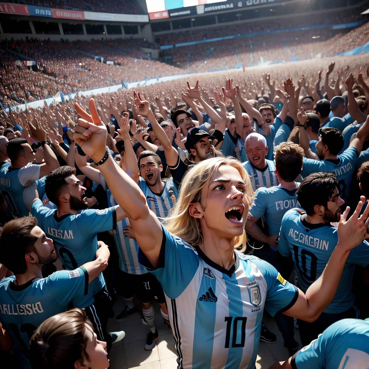 multitud gritando , saltando bailando, festejando y levantando las mano, caos, remeras de seleccion argentina de futbol,