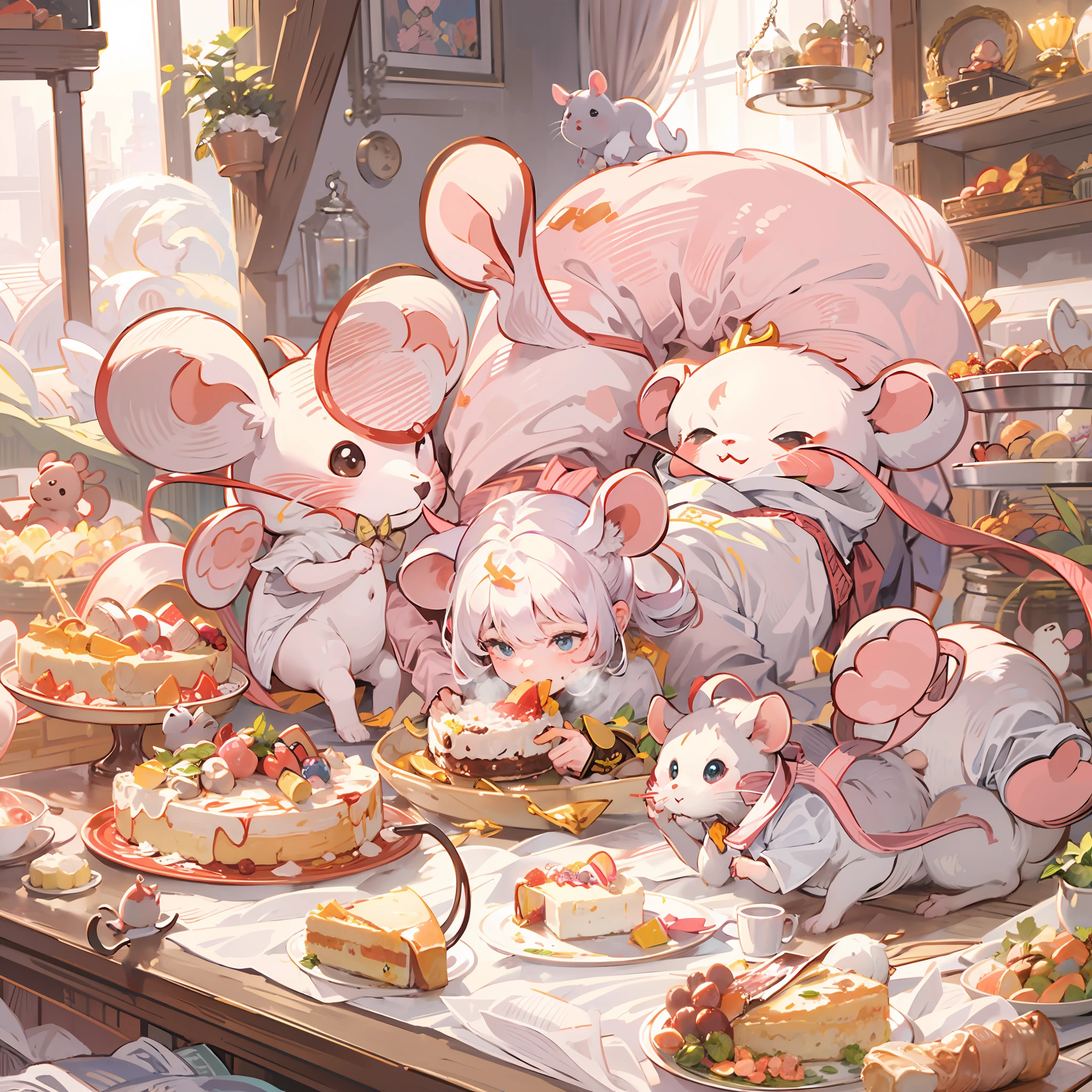 top-quality、8k、​masterpiece、Cute pink mouse stealing and eating cheesecake、Turn around and look at this、Rats are round々And it's cute