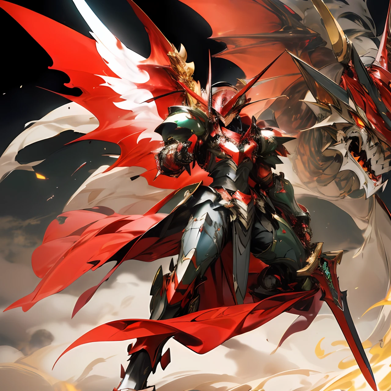Close-up of a red and black dragon holding a sword, Dragon Knight, gurenn lagann, dragon cyborg, draconic looking armor, Dragon armor, demonic dragon inspired armor, high fantasy kamen rider, with robot dragon head, getter robo, dragon ancient full plate armor, super robot wars, portrait of dragoon, Red Devil Armor Red Dragon,Emperor,Hand Guard,red colour,Biomechanical,Imperial style,Full body like,Green light wings,External blood vessels,Fluorescence,Huge wings of light,Surface fluorescence,human - shaped,holding knives