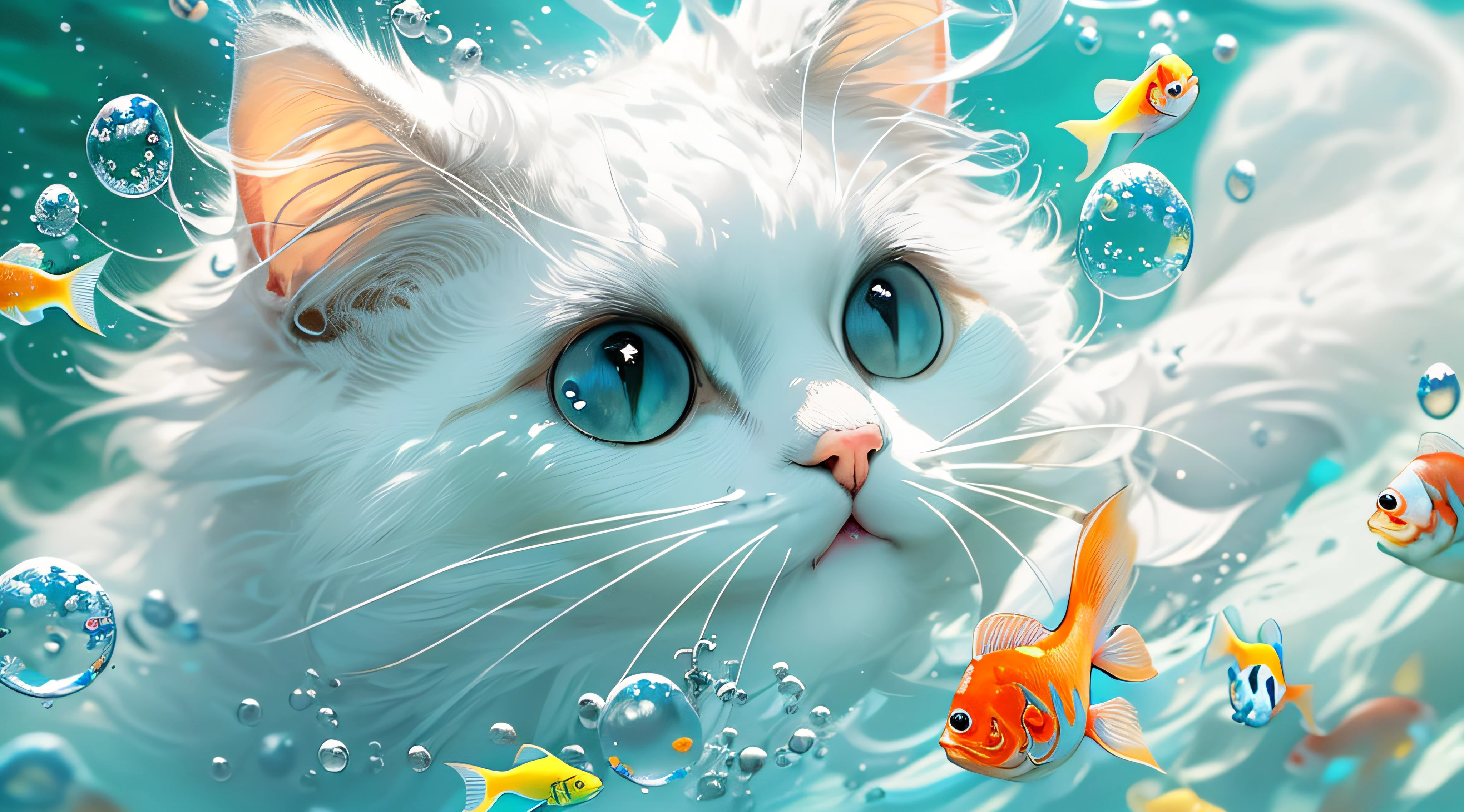 Ragdoll cat, MG mao, Exquisite visuals, high-definition, masterpieces, fish, whiskers, blue eyes, no humans, animal focus, open mouth, looking at viewer, white cat, underwater, bubble, solo, swimming, goldfish, submerged,