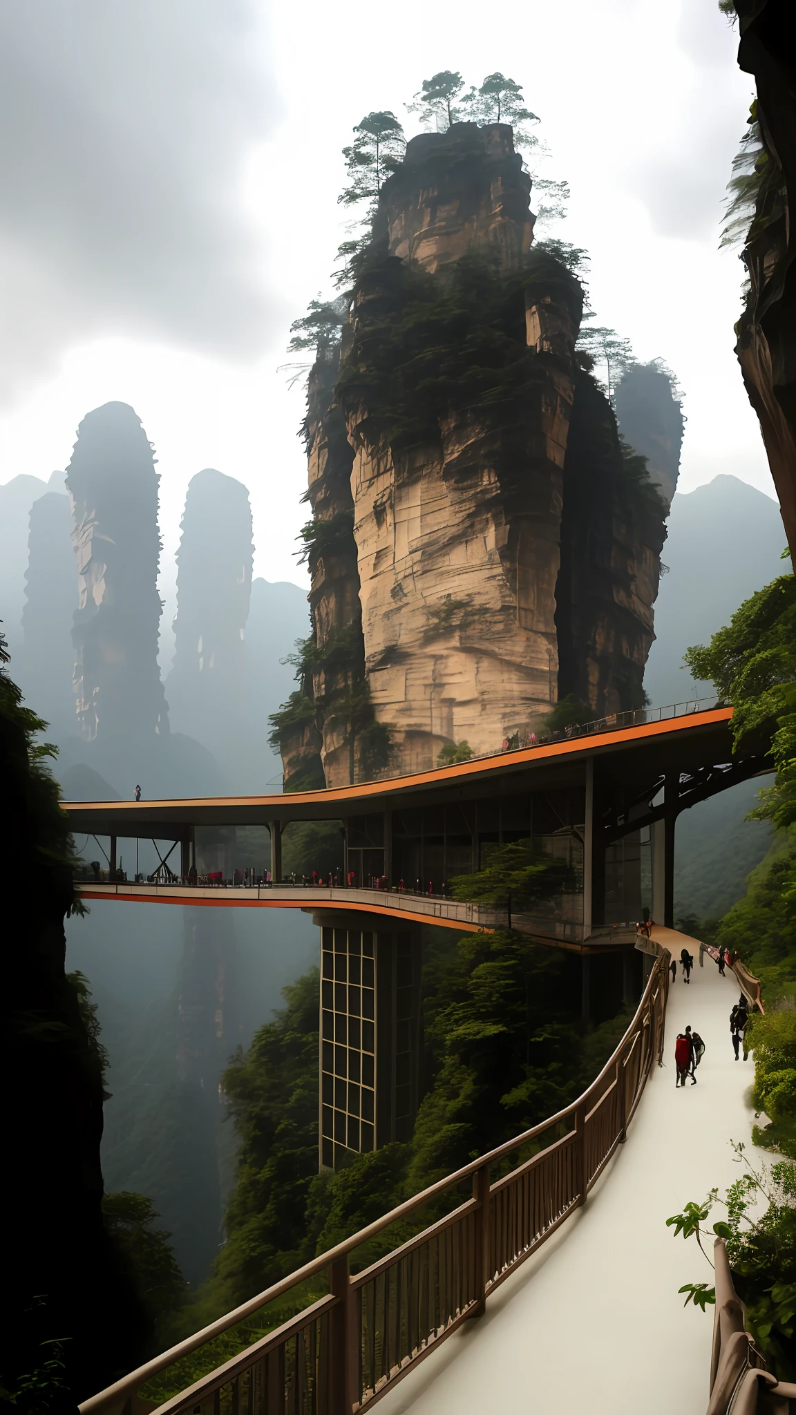 Alafs walks on the sidewalks of high-rise buildings in the mountains, zhangjiajie, zhangjiajie national forest park, author:Chass is silent, Valle futurista, zhangjiajie in early morning, soaring towers and bridges, elegant bridges between towers, tall obsidian architecture, Vertical architecture, elegant walkways between towers