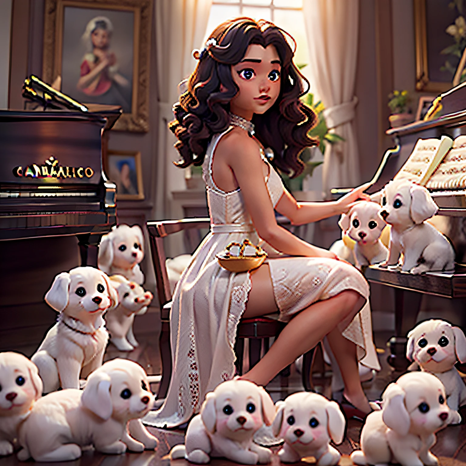 One in a white dress,cabelos preto e longos,hair straight,Has a delicate face,disney artstyle,ellegance,White-skinned woman sitting in chair,Play the piano,A tiny one,Very small white curly puppies,Right shoulders,Dreamy colors,The movements are elegant,Perfectcomposition,cabelos preto e longos,cropped shoulders,adolable,having fun,There is only one woman in the picture