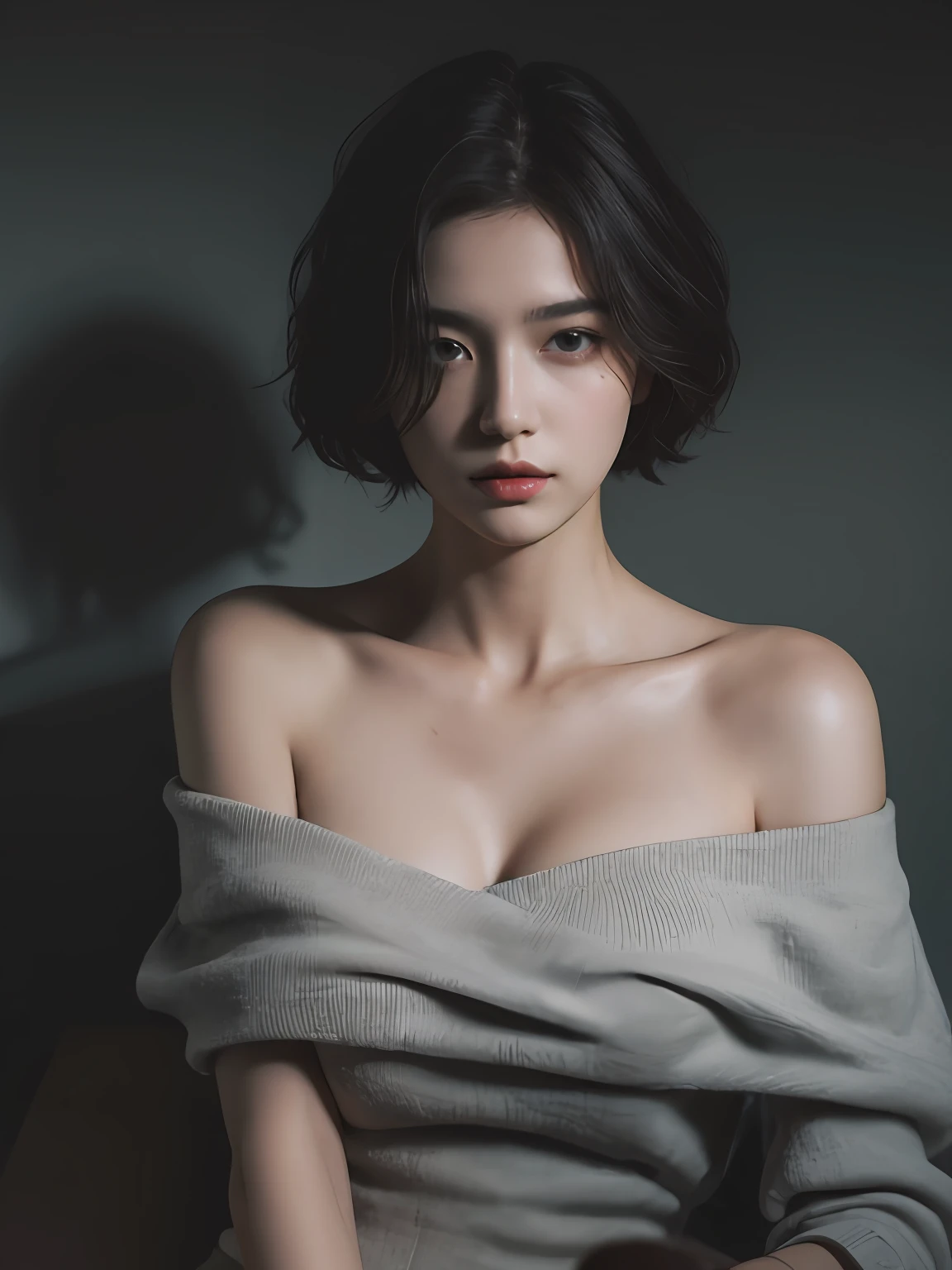 Best quality, masterpiece, ultra high res, (photorealistic:1.5), raw photo, 1girl, offshoulder, in the dark, deep shadow, low key, cold light, sexy look, short hair