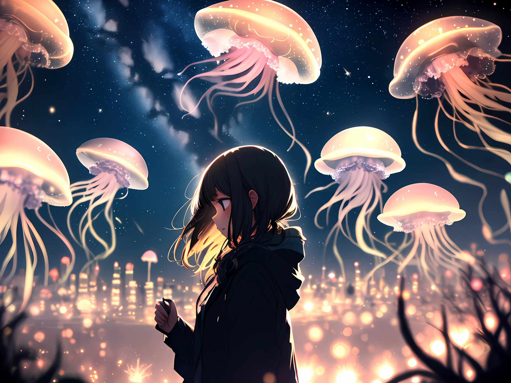 a girl, (glowing stars through the air:1.1), (many glow Jellyfish:1.1), blurry background, bokeh, depth of field, starry skyline, far from city, alone, fearful, hopeless, magic, magical, fantastic, dark hue, haze