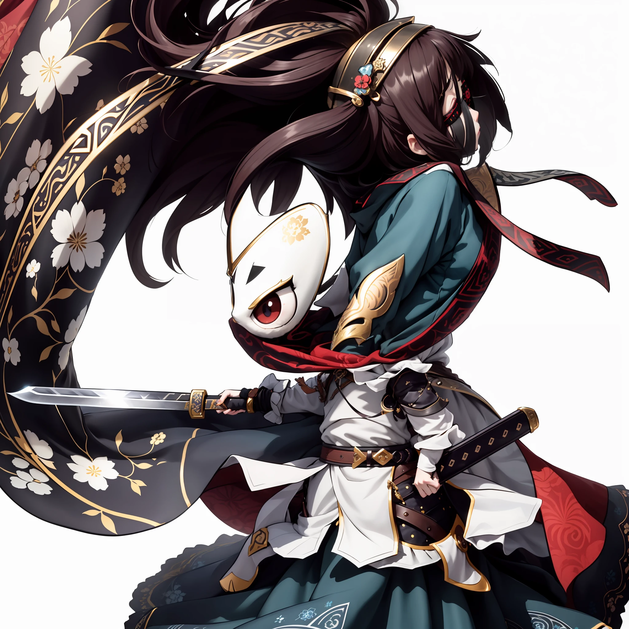 Chibi anime characters,The sword,sword sheath,There is a beautiful pattern on the scabbard,Refinement,Fine painting,Refinement,infinite details,high definition detail,Delicate belt,Belt accessories,Male characters,Blindfolds,sideface,swordsman,dark colored hair,Patterned,Pattern,Blank background,Bright colors,Metal edging