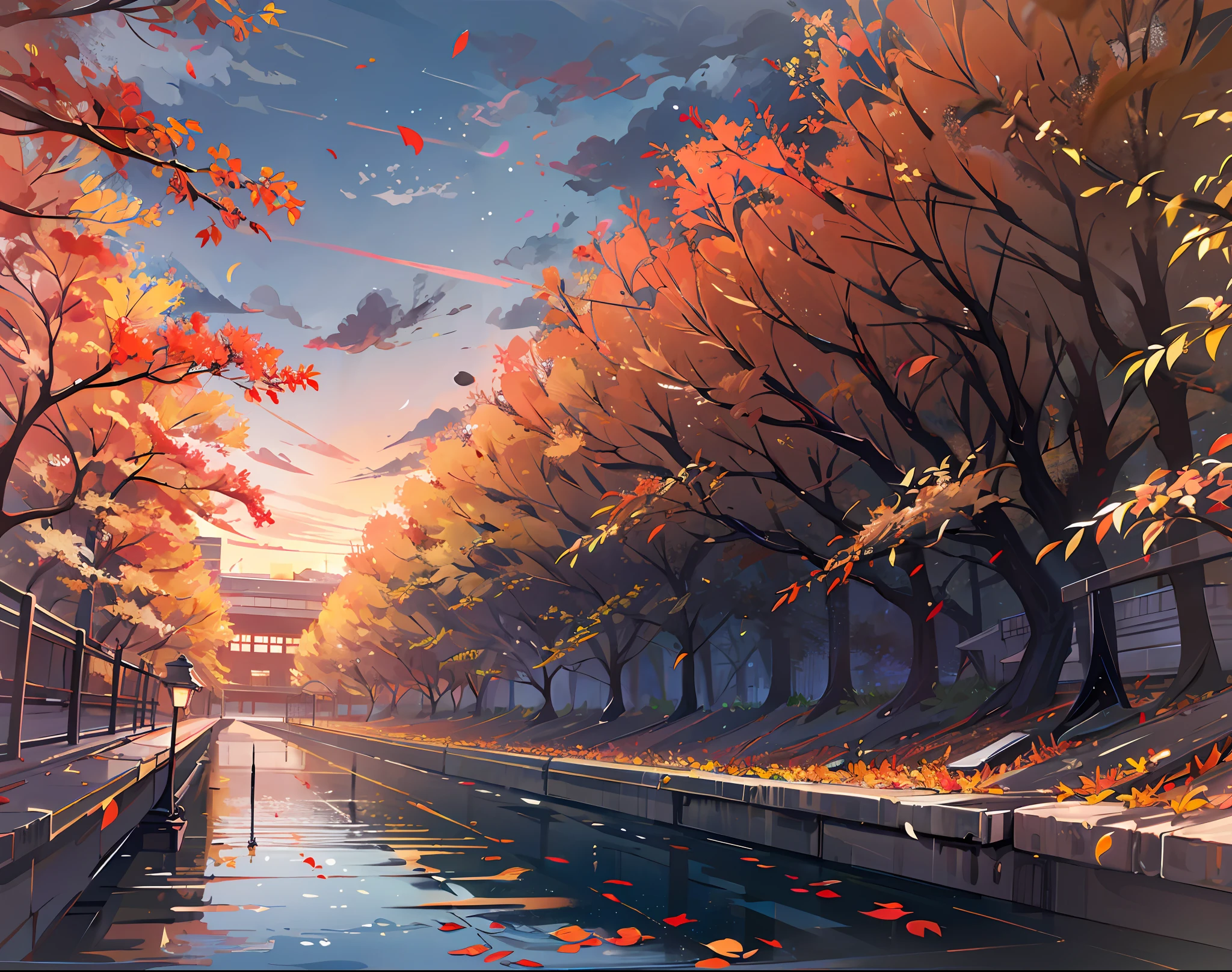 No humans, landscapes, autumnal, Skysky, clouds,Autumn leaves in the air、momiji、 blured background,masterpiece、top-quality、The ultra-detailliert、