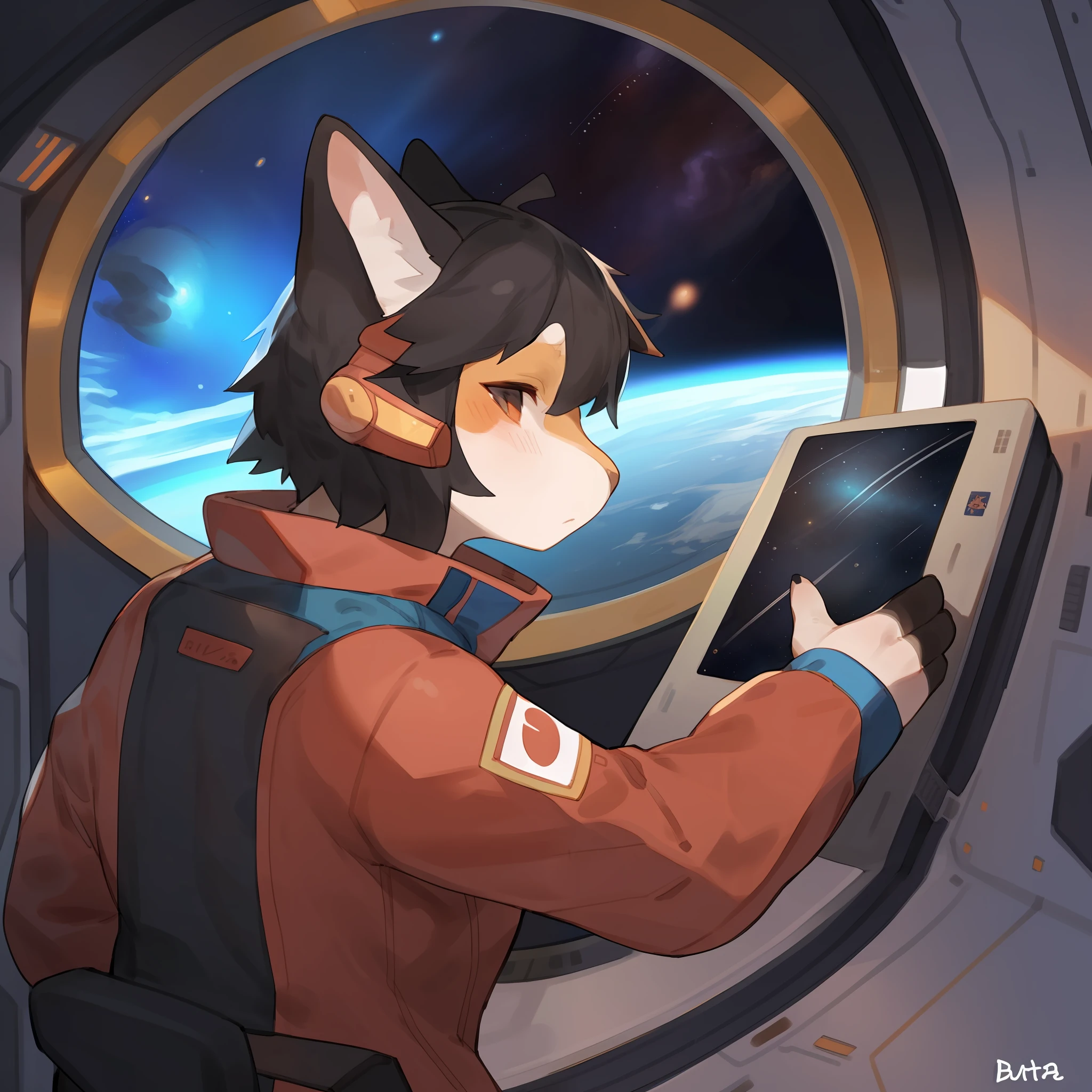 Solo, female, feline, calico, mottled, snout, black hair, red military spacesuit, space, spaceship, window, by bebebebebe, by buta99