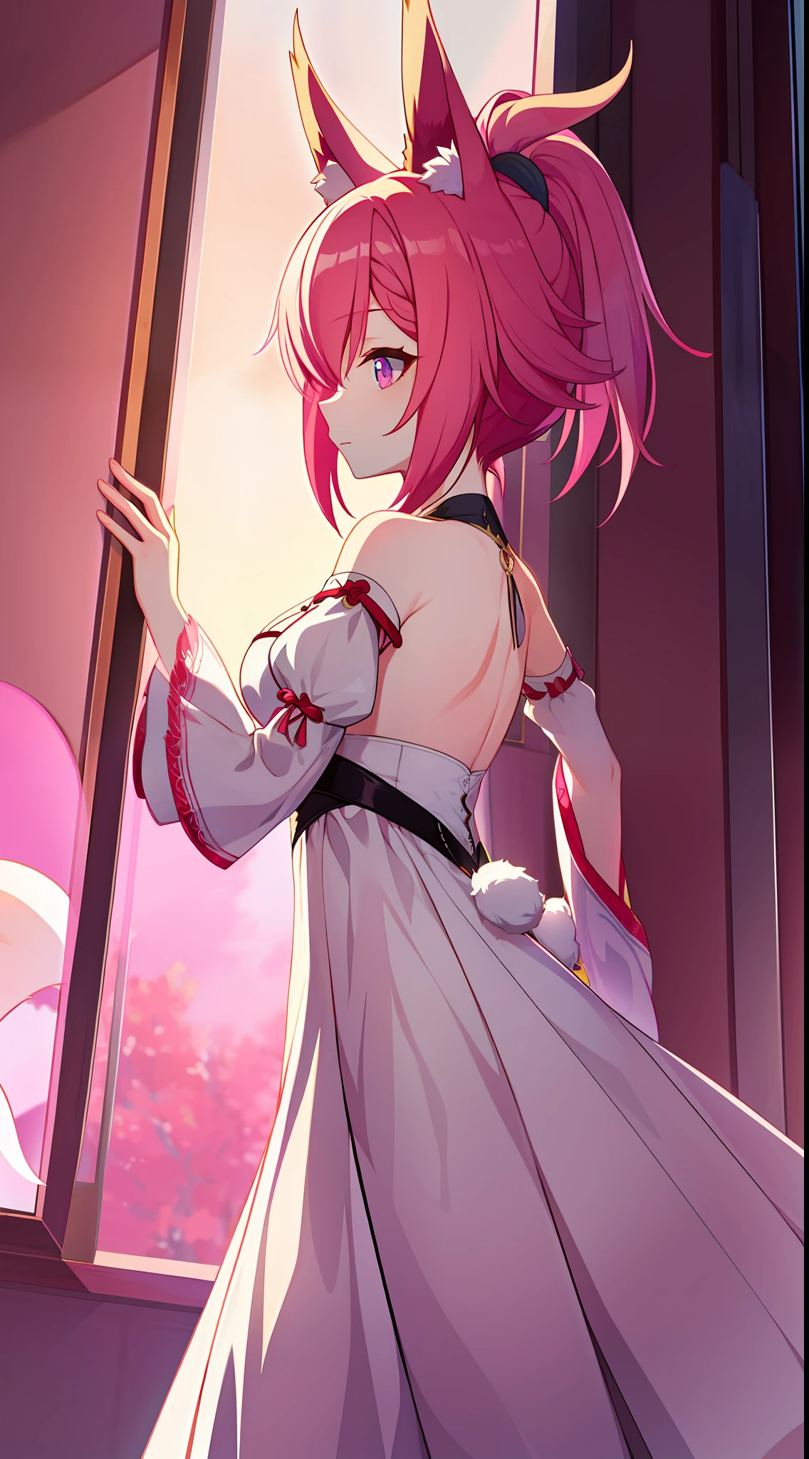 Tall girl, short pink hair, high ponytail, Fox ears, pink eyes, Fox tails, light dress, open shoulders, Masterpiece, hiquality