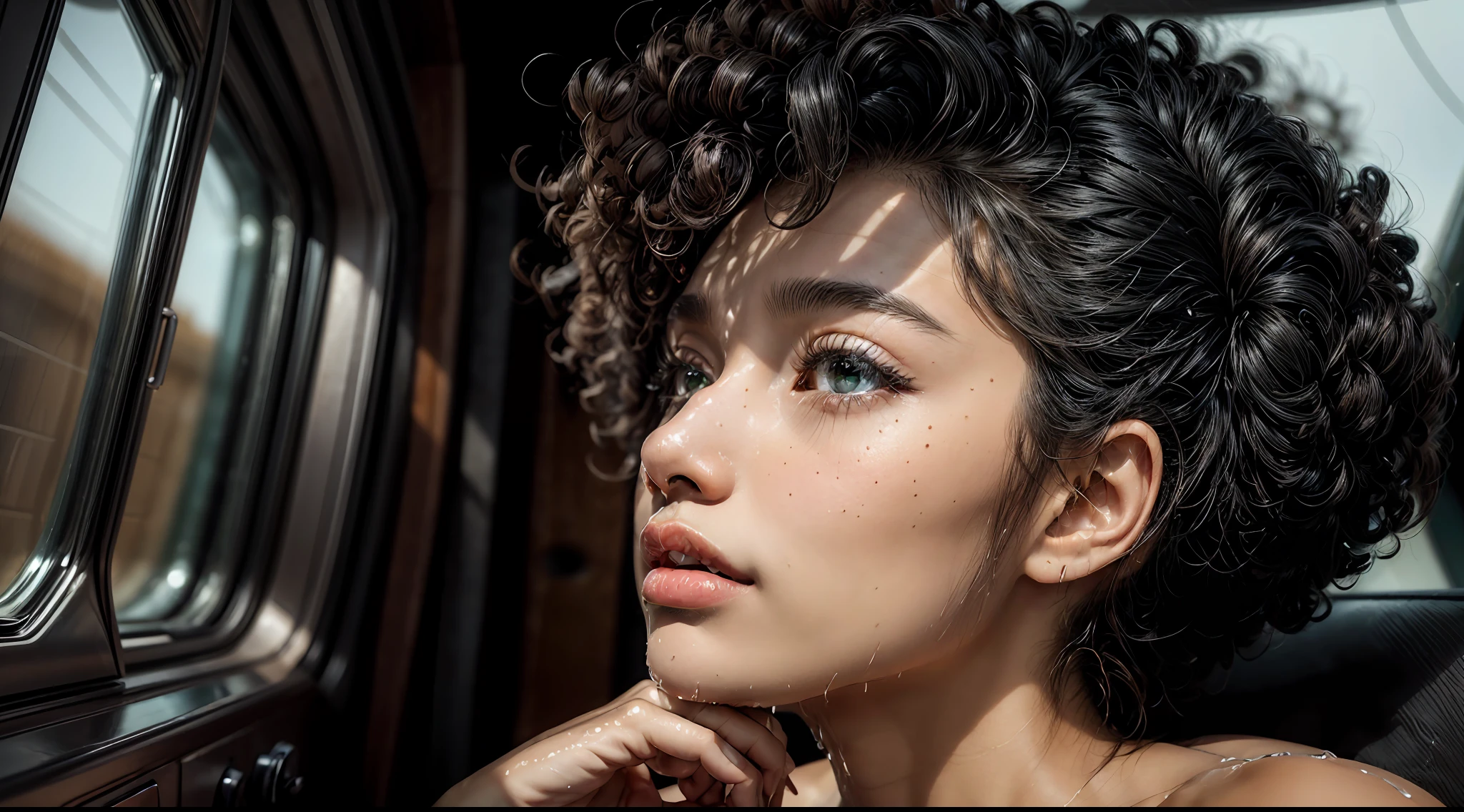 A stunning ebony woman can be seen peering out the window at the distant jungle, in the futuristic spacecraft. The woman has (black skin), tan skin, juicy lips, bimbo lips, kissable lips, large green eyes (afro curly black hair), (flawless face), cute face, oiled skin, tan, intricate eye detail, chubby face, sunburnt ebony skin, detailed (wrinkles, blemishes!, folds!, moles, viens, pores!!, skin imperfections:1.1), she od very tired. Her face is close to the glass, looks though the windows, his hands resting against the glass. You can see spend great exhaustion on her the face. Face in profile, Profile photo shoulder frame. Perfect hands, (she is wrapped in a sheet), She is naked, wet skin. The interior of the futuristic ship is white and black. rain wet glass outside, (Bright morning light)