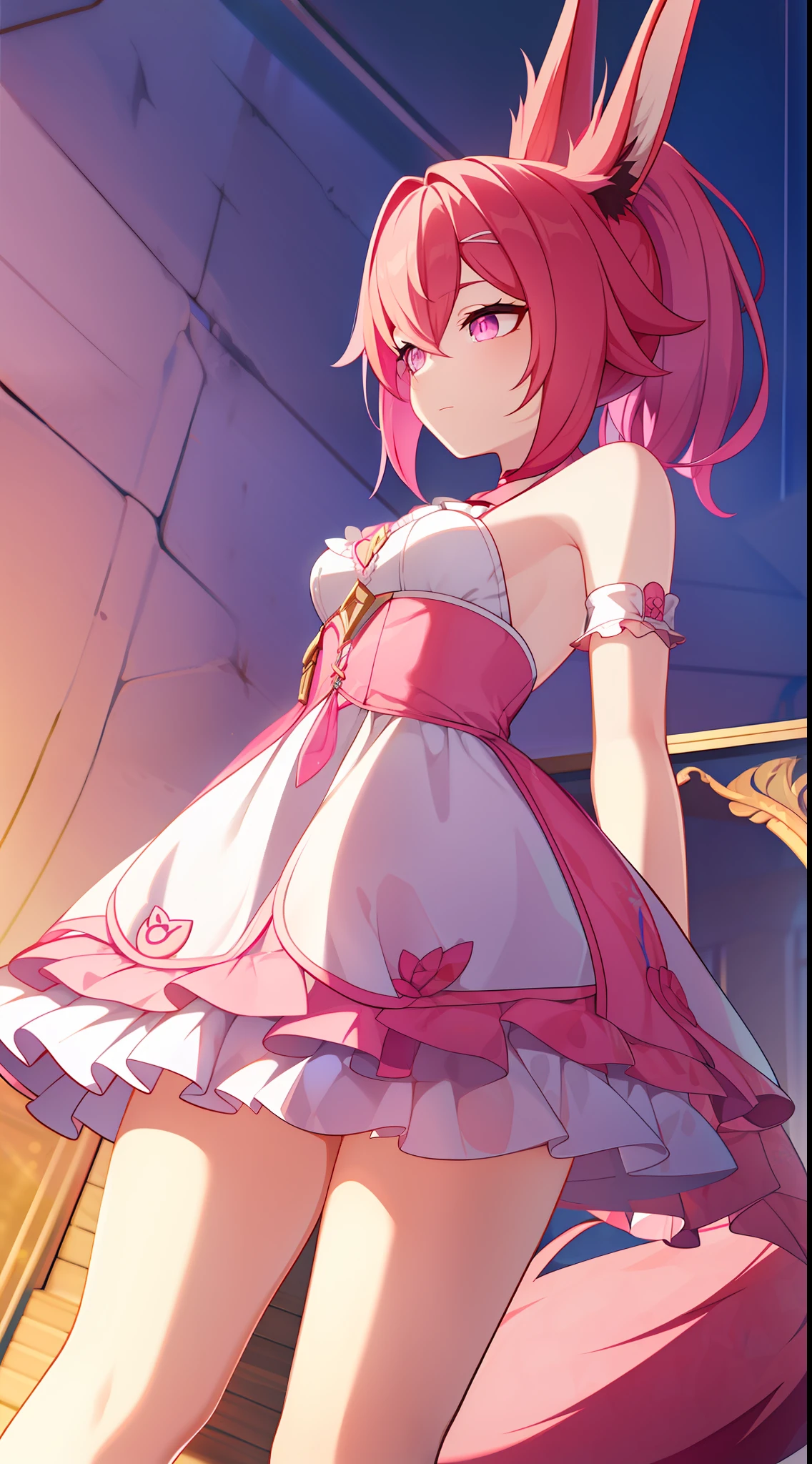 Tall girl, short pink hair, high ponytail, Fox ears, pink eyes, Fox tails, light dress, open shoulders, Masterpiece, hiquality