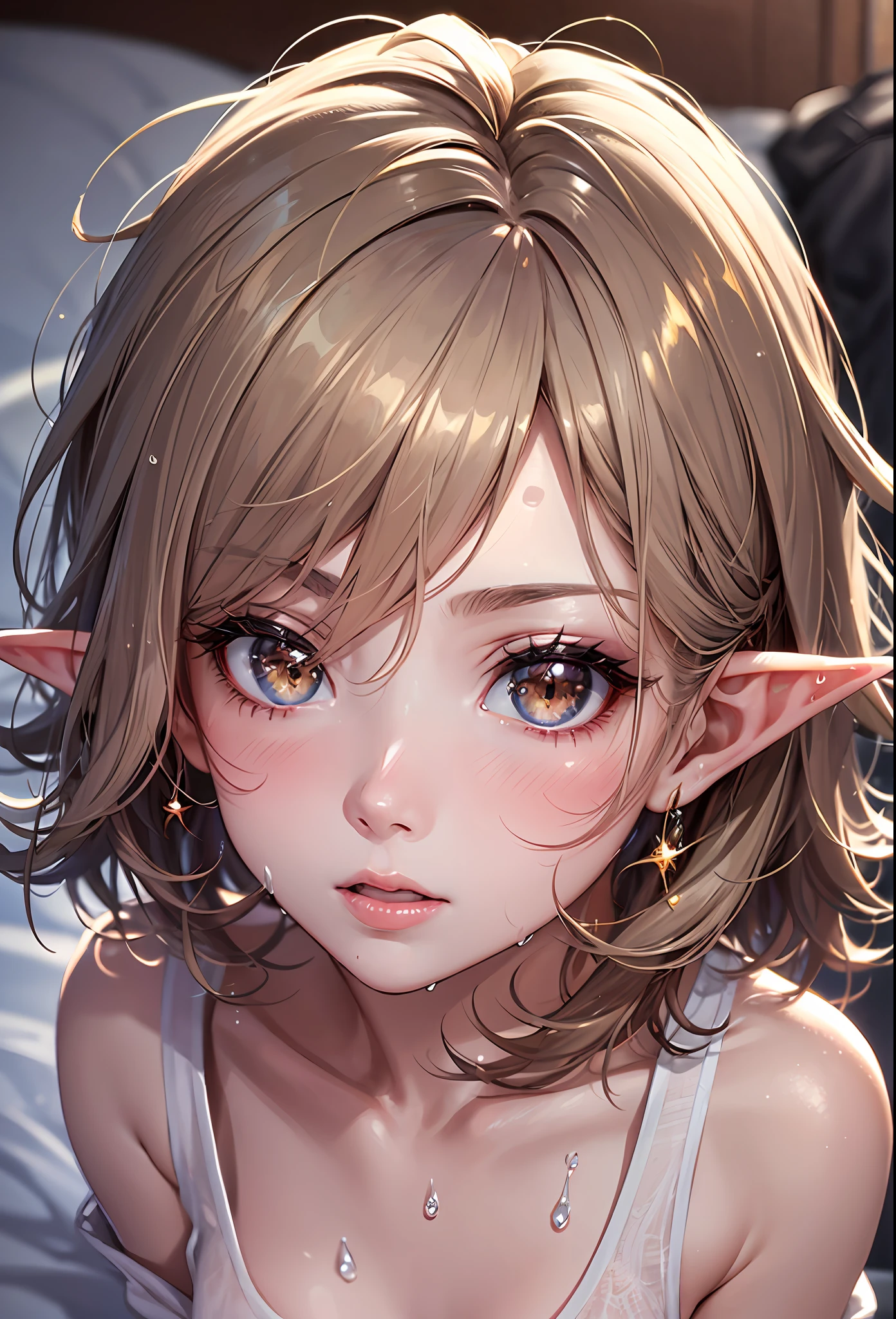 Elf race, anime style girl, thin, slender, lying on bed, full body, golden short hair, brown eyes, slanted eyes, hair between the eyes, messy hair, antenna hair, gentle and attractive, Bare shoulders, delicate and sexy collarbone, half-body photo, attractive oval face, double eyelids, pink lips, small nose, focused face, face close-up, ultra-high definition, ultra-detail, elegant standing posture, ultra-fine translucent wet yarn, wear wet see-through white T-shir, sparkly skin, sweat