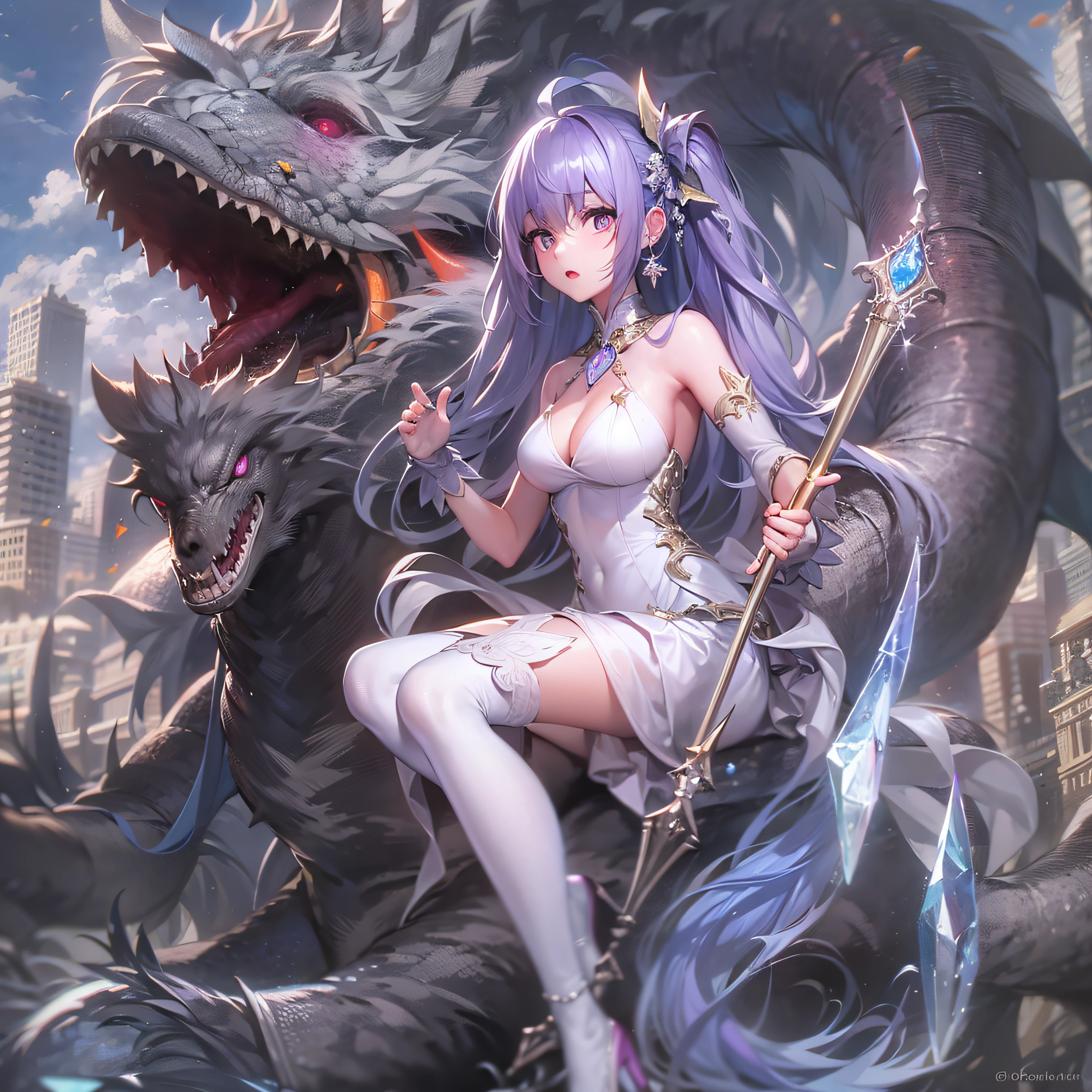 hair,( Purple pupils:1.2), The expression is indifferent, Dragon's horn, Single horsetail, silvercleavage dress, wands, White knee-length socks, Crystal heels, outside, Full body like, Side sitting, first person perspective, hyper HD, retinas, Masterpiece, ccurate, Textured skin, Anatomically correct, Super detail, High details, High quality, A high resolution, Best quality, Award-Awarded, 4K