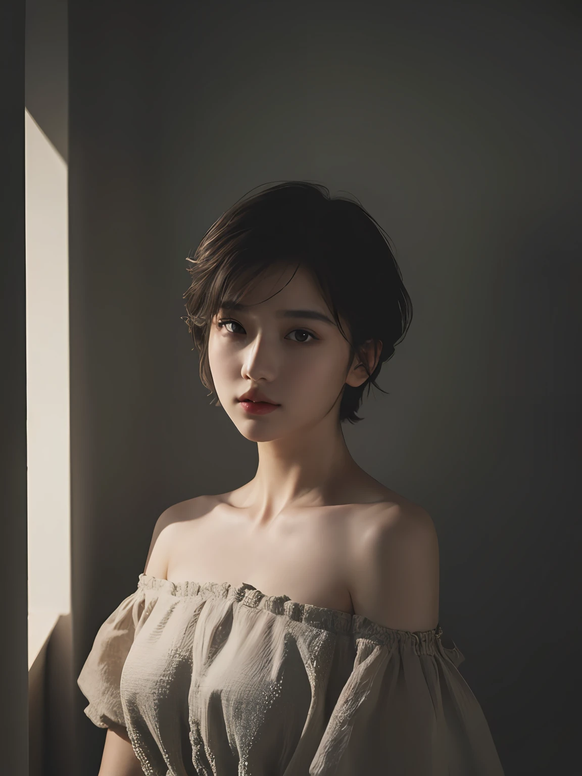 Best quality, masterpiece, ultra high res, (photorealistic:1.5), raw photo, 1girl, offshoulder, in the dark, deep shadow, low key, cold light, sexy look, short hair