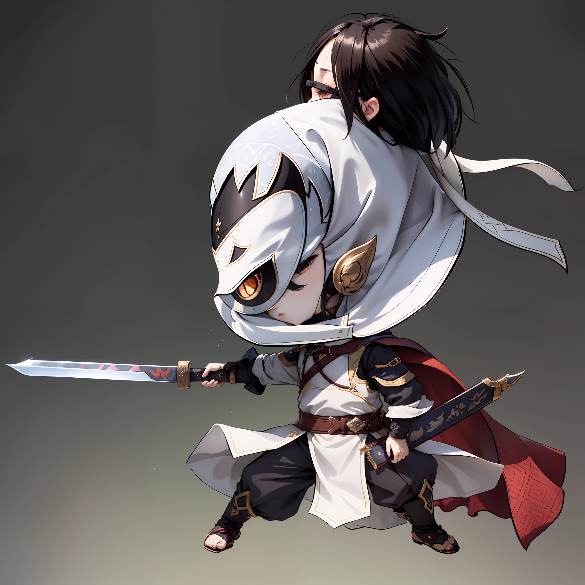 Chibi anime characters,The sword,sword sheath,There is a beautiful pattern on the scabbard,Refinement,Fine painting,Refinement,infinite details,high definition detail,Delicate belt,Belt accessories,Male characters,Blindfolds,sideface,swordsman,dark colored hair,Patterned,Pattern,Blank background,Bright colors,Metal edging