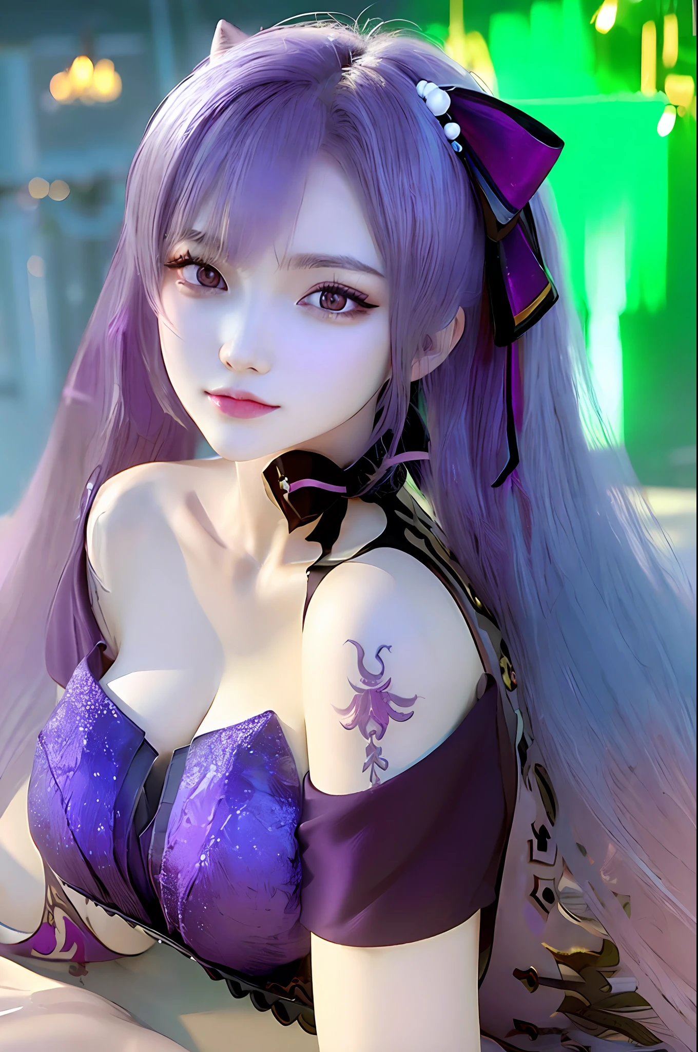 ((masterpiece)), (photorealistic:1.2) masterpiece, best quality, high quality, absurdres, shiny skin, colorful, stunning art, best quality, hyper detailed, beautiful detailed, reflective hair, good lighting, ray tracing, depth of field, ultra-detailed, illustration, Amazing, fine detail, extremely detailed, ((ultra-detailed)), (beautiful detailed girl), beautiful detailed glow, intricate detail, highres, an extremely delicate and beautiful, beautiful detailed eyes, hdr, rounded eyes, detailed facial features, (rounded pupils:1.4) (illustration), (beautiful detailed eyes), ((very detailed face)), depth of field, (alluring face), (evil smile:1.3), parted lips, (large breast), (looking at viewer:1.1), close-up, wideshot, sideways, photo \(medium\), pose , moody lighting,
(Kpop idol), (ulzzang-6500:0.5) ,1girl, ((beautiful girl, teen, young, )), solo, ((full body)), stunning_speedster, keqing (opulent splendor) (genshin impact), keqing (genshin impact), official alternate costume, dress, ((cone hair bun)), night, strapless dress, long hair, cleavage, black dress, hair bun, strapless, bare shoulders, (purple hair:2.0), bangs, bow, detached collar, purple eyes, diamond-shaped pupils, ribbon, ((double bun)), ((twintails)), two-tone dress, medium breasts, hair ornament, black bow, hair ribbon, blue dress, bowtie, hair between eyes, shiny skin, cleavage, (huge breasts:1.2), long hair, looking at viewer, navel, gorgeous detail face, gorgeous detail eyes, silm body, wide hips, ((ultra-detailed nature in the background)), close-up, (modelshoot style:0.8), cute face, young face, 16 years old