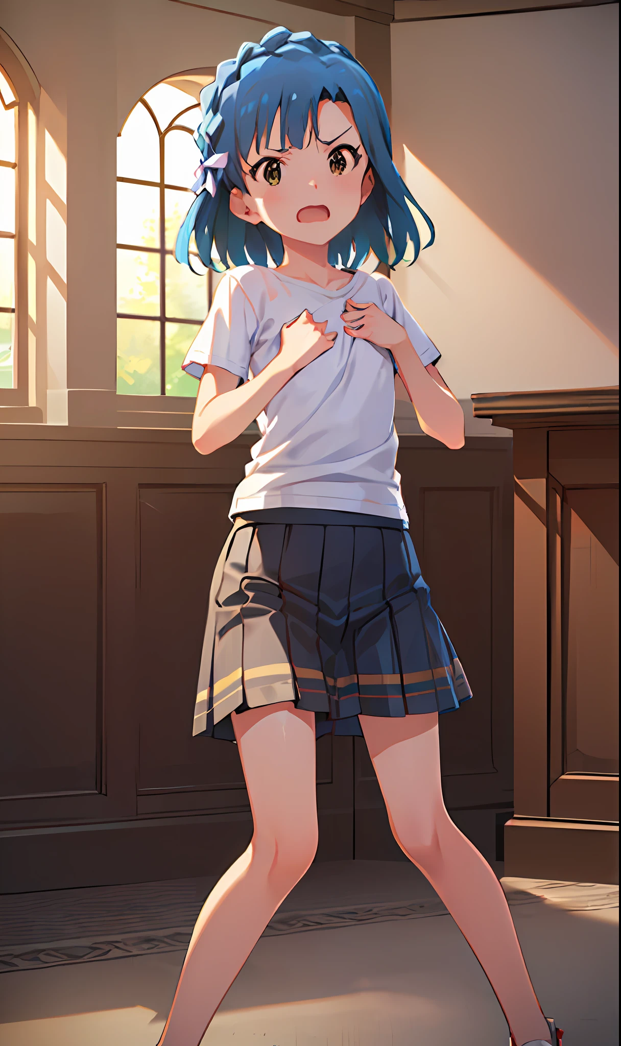 yuriko nanao (million live). Short stature. (((white t-shirts))).(((Skirt))).(((masterpiece))).(((best quality))).((Ultra-detailed))).(((illustratio))). (((fighting stance))).(((a room))).(((make a fist))).(((up chest))).Despair face.(((short-hair))).((Medium chest)).((Opening Mouth)).