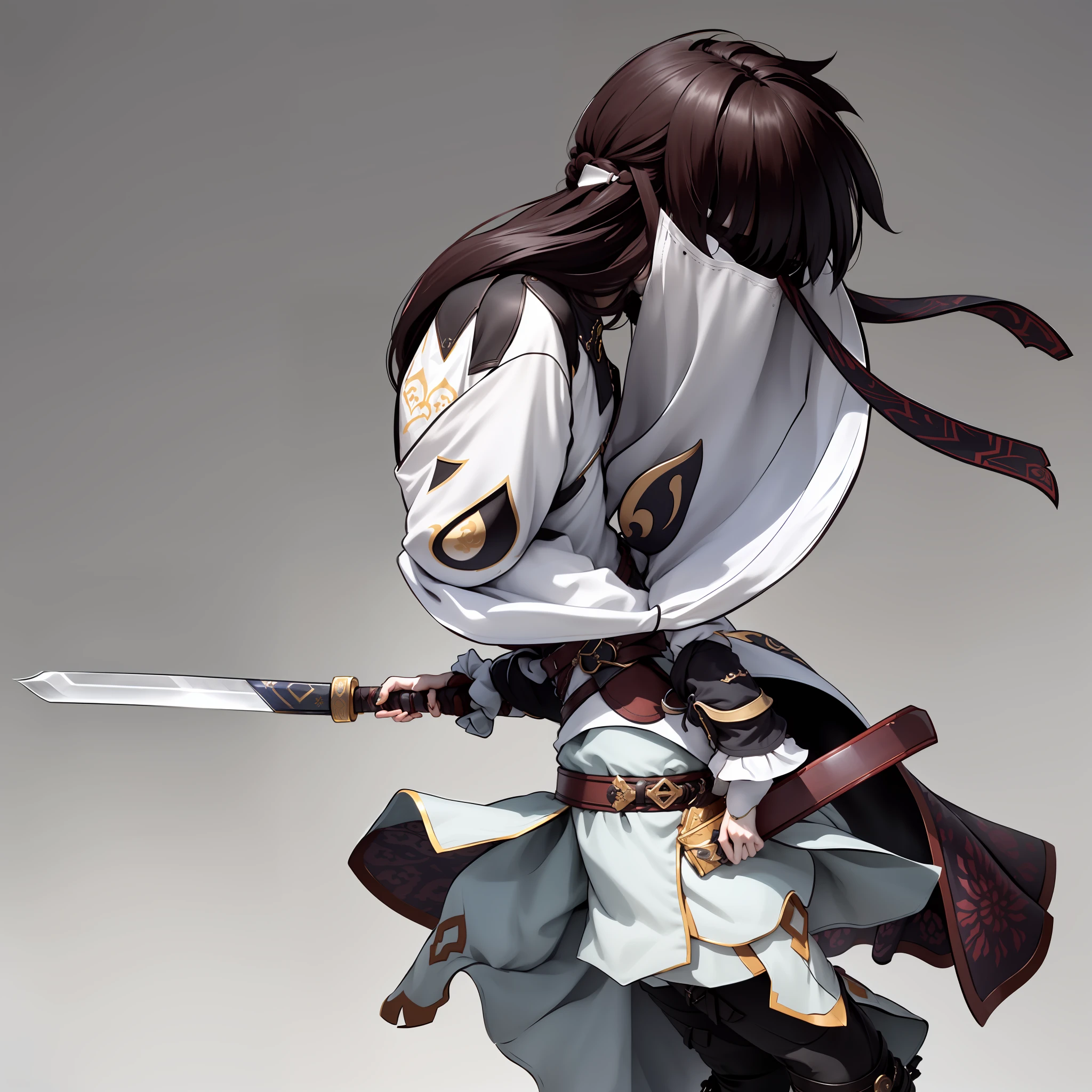 Chibi anime characters,The sword,sword sheath,There is a beautiful pattern on the scabbard,Refinement,Fine painting,Refinement,infinite details,high definition detail,Delicate belt,Belt accessories,Male characters,Blindfolds,sideface,swordsman,dark colored hair,Patterned,Pattern,Blank background,Bright colors,Metal edging