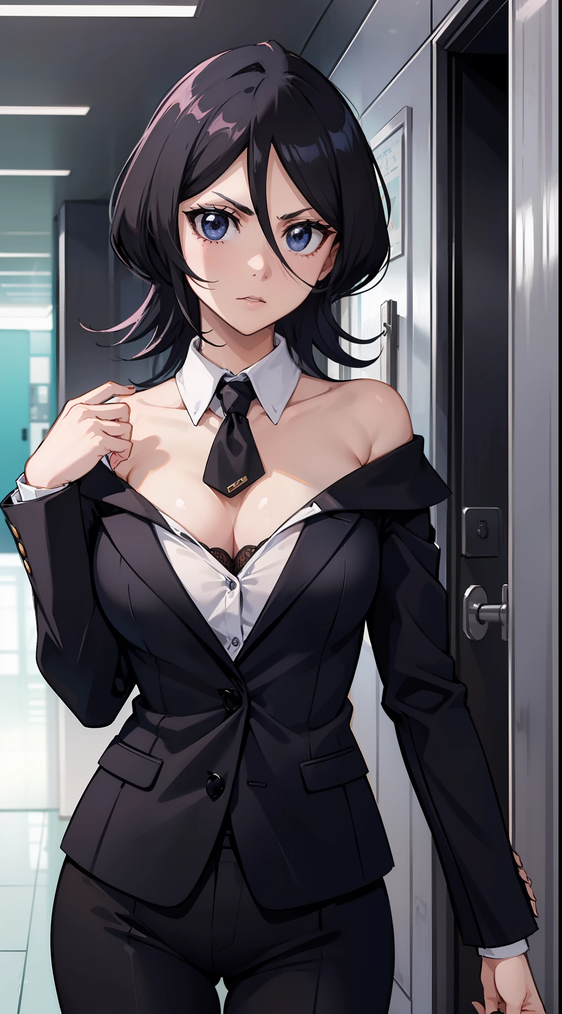 Off-the-shoulder attire,looks into camera,The upper part of the body,Black color hair,Serious,cleavage,Business suits,Elevator room