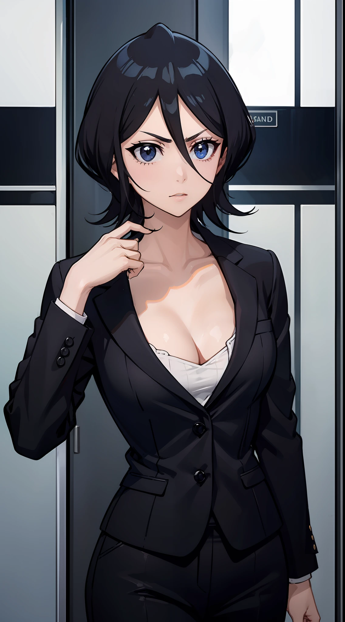 Off-the-shoulder attire，looks into camera，The upper part of the body，Black color hair，Serious，cleavage，Business suits，Elevator room