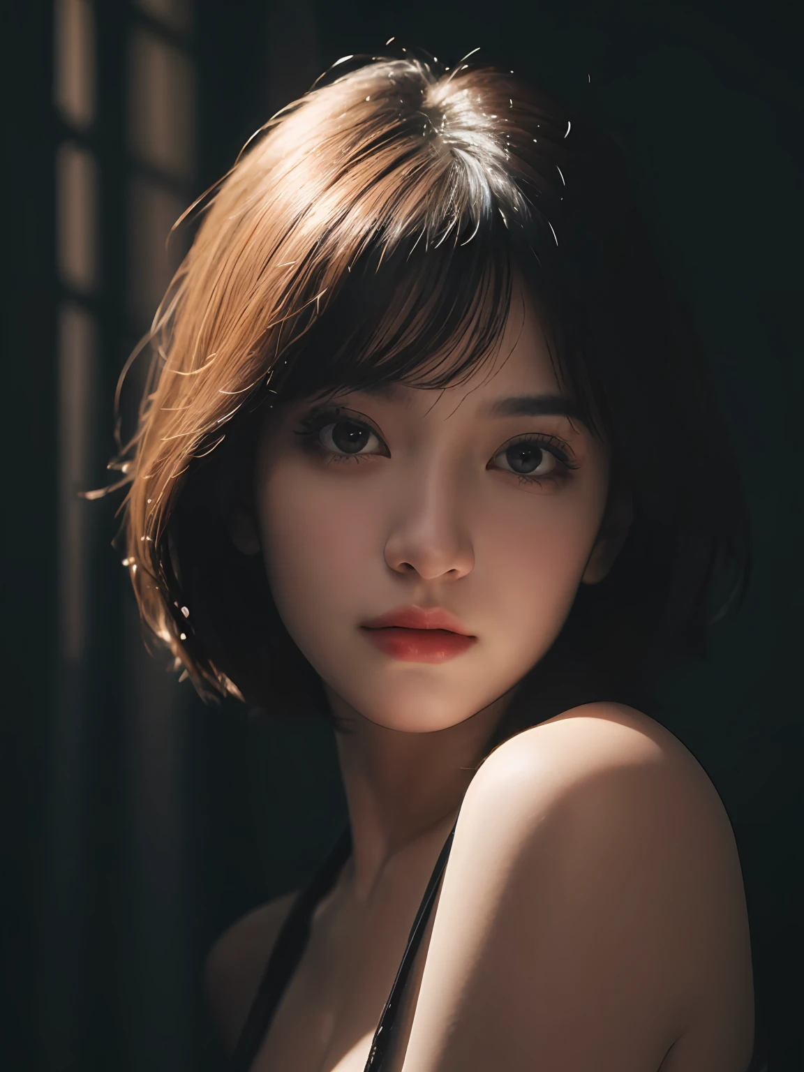 Best quality, masterpiece, ultra high res, (photorealistic:1.5), raw photo, 1girl, offshoulder, in the dark, deep shadow, low key, cold light, sexy look, short hair