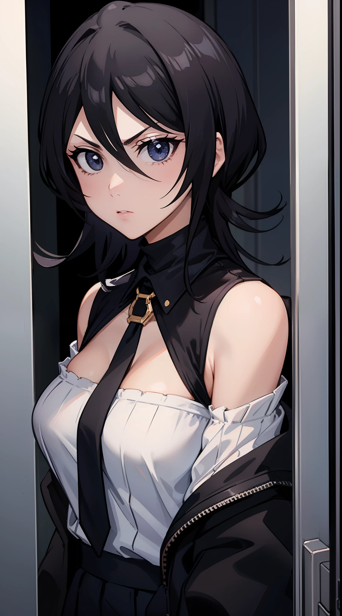 Off-the-shoulder attire,looks into camera,The upper part of the body,Black color hair,Serious,cleavage,Business suits,Elevator room