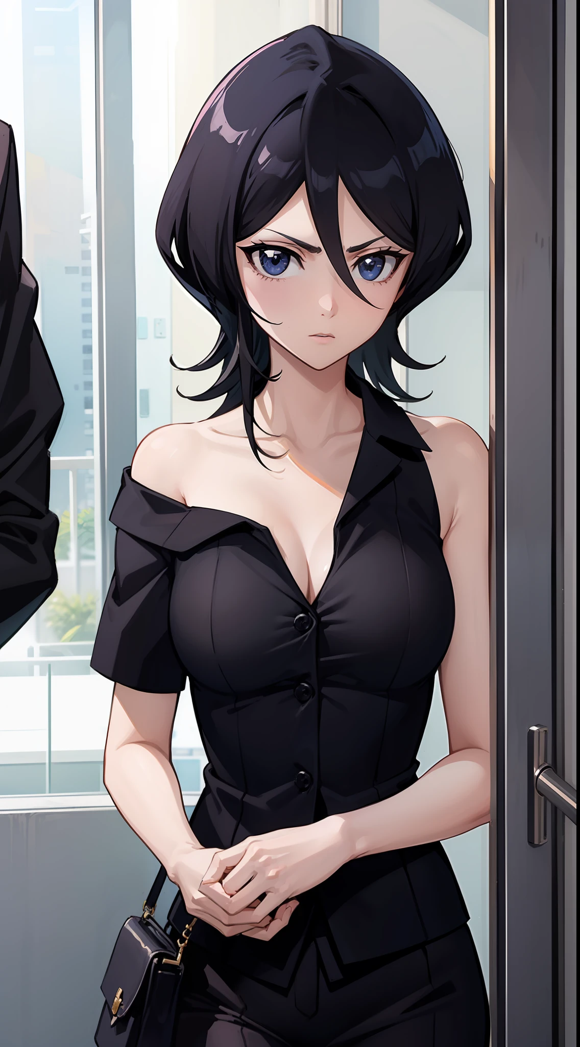 Off-the-shoulder attire，looks into camera，The upper part of the body，Black color hair，Serious，cleavage，Business suits，Elevator room