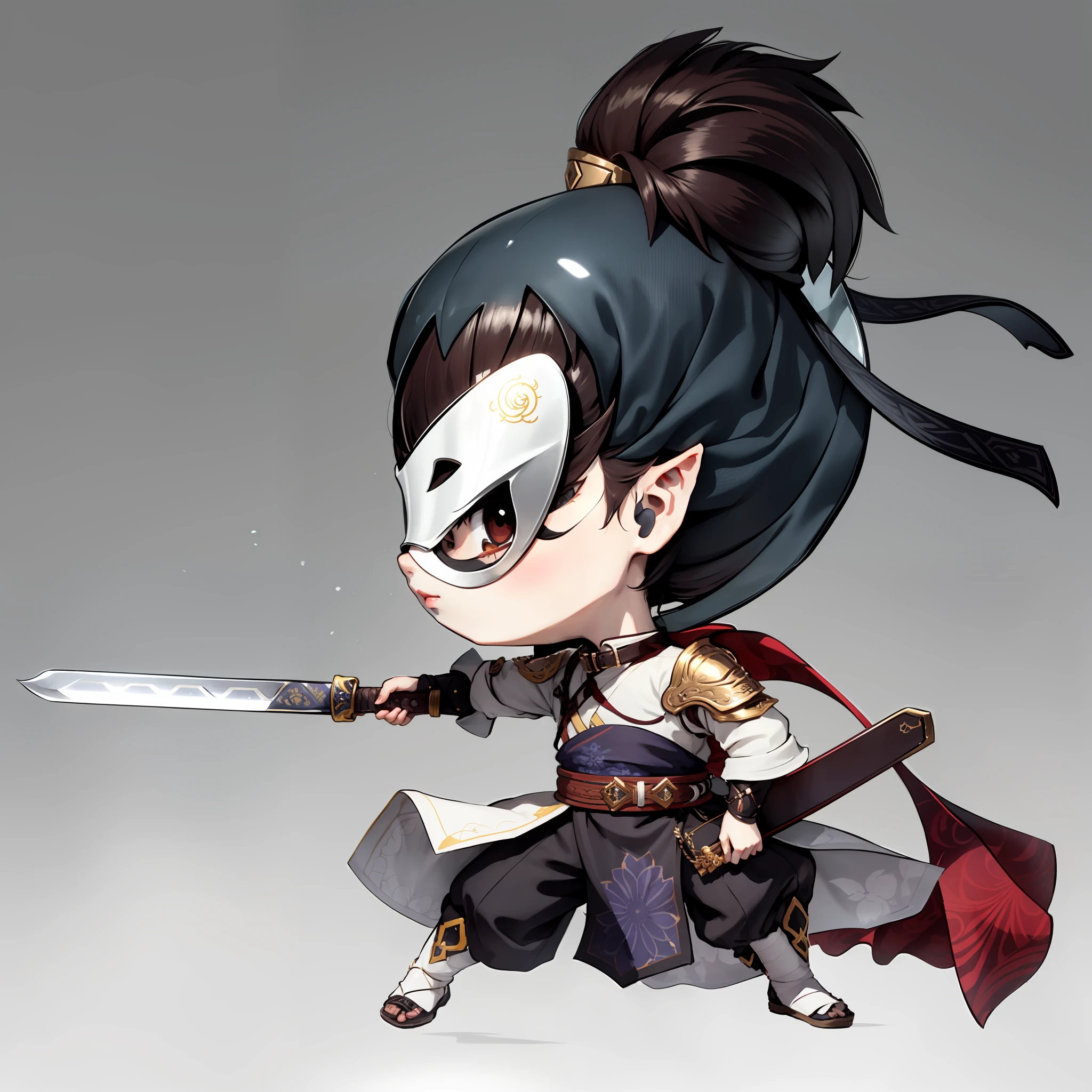 Chibi anime characters，The sword，sword sheath，There is a beautiful pattern on the scabbard，Refinement，Fine painting，Refinement，infinite details，high definition detail，Delicate belt，Belt accessories，Male characters，Blindfolds，sideface，swordsman，dark colored hair，Patterned，Pattern，Blank background，Bright colors，Metal edging