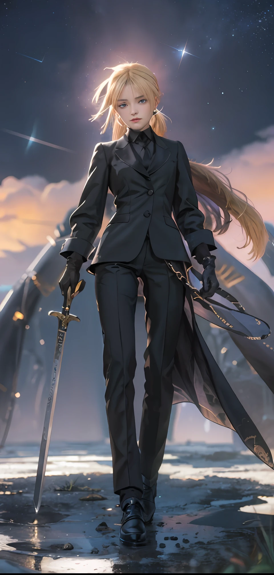 ((masterpiece:1.2, best quality)), realistic, 1girl, solo, blood, male focus, looking at viewer, artoria pendragon \(fate\), black (((suit))), black (((pant suit))), (((ponytail))), (((black gloves))), aurora, night, stars (sky), sky, night sky, starry sky, holding Magic Sword, Dark Clouds, Night, model shot, (Impressionism: 1.4), (Tarot: 1.3), Alphonse Mucha,