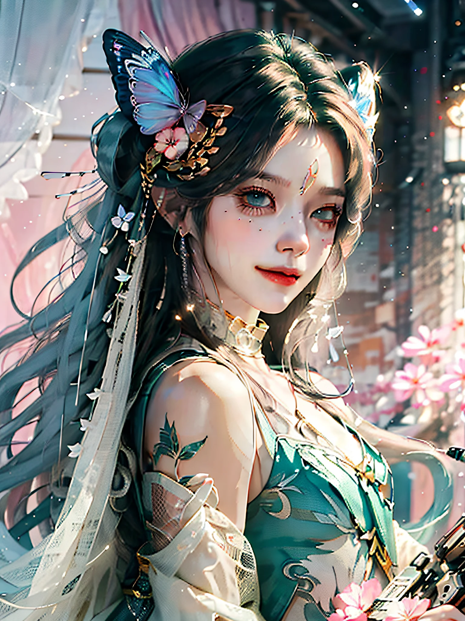 with a pure white background, Long dark green curly hair, Big green watery eyes, official art, extremely detailed CG unity 8k wallpaper, science_fiction, very long hair, forehead, butterfly hair ornament, hair ribbon, beautiful detailed eyes, longeyelashes, light smile, Machinary, cyber punk perssonage, 废墟, masterpiece, best quality, masterpiece, best quality