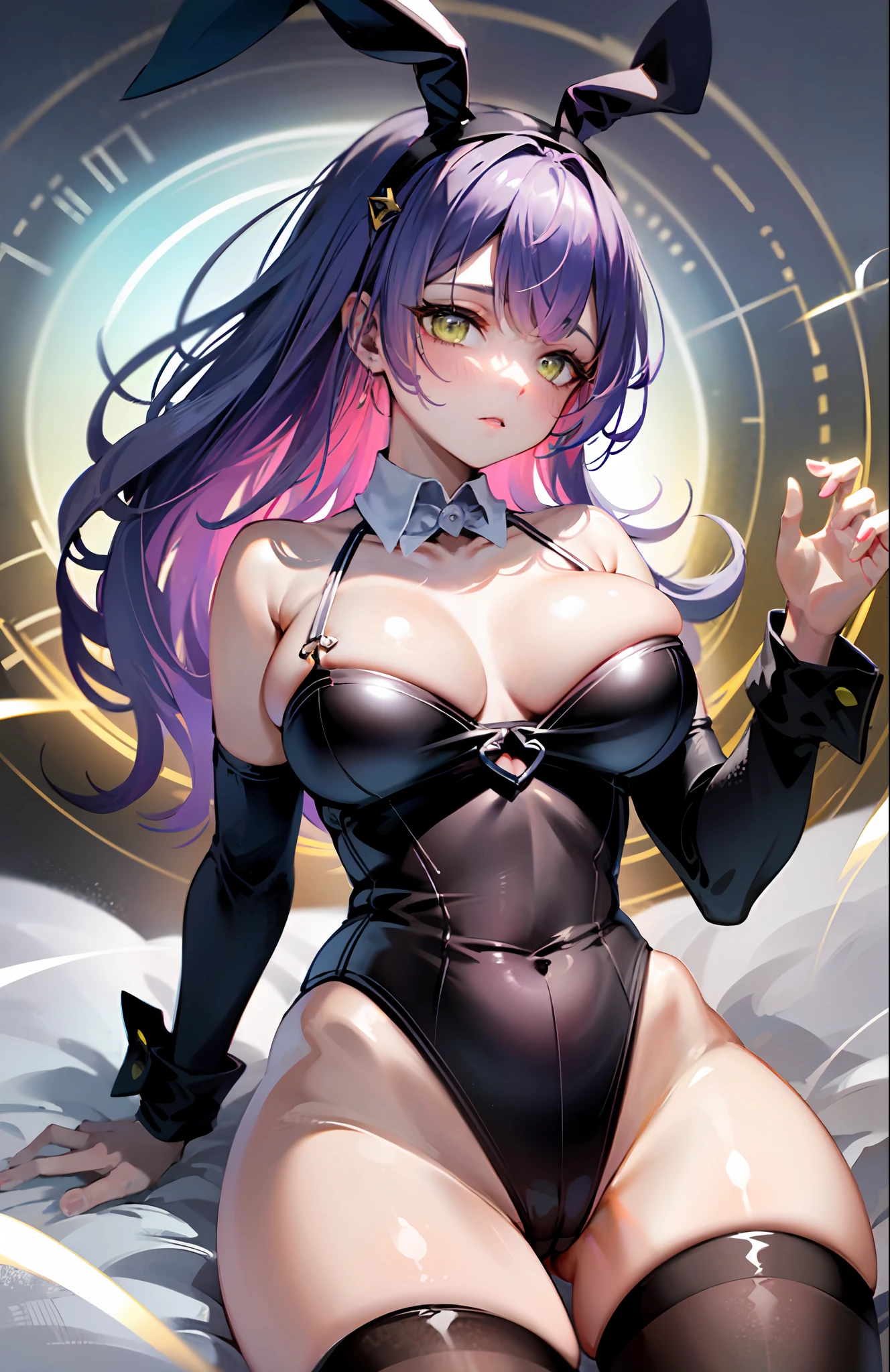 La imagen muestra a Tokoyami Towa en una pose seductora y sugerente sobre la cama, with its voluptuous and detailed body in an ultra-realistic resolution. Tiene el cabello largo y amarillo, a tanned body and wears a dark purple bunny suit that perfectly suits her characteristics.

The bunny suit is a customized version that includes a purple bunny headband, medias y tacones altos negros. La imagen presenta a Tokoyami Towa en una pose sexy, con sus hombros y muslos expuestos y su trasero lindo y sexy en primer plano. Furthermore, tiene un cuerpo perfecto y realista, con detalles extremadamente detallados y sombras realistas que resaltan su belleza.

La imagen es una obra de arte surrealista y super detallada, with stunning lighting effects and surreal shadows that complement your figure and create a mysterious and seductive atmosphere.

La imagen presenta a Tokoyami Towa en un ambiente surrealista y super sexy, con su ropa mojada y transparente, con vapor de agua fluyendo a su alrededor. La imagen es una obra de arte super detallada que captura la belleza y el encanto de Tokoyami Towa, with a perspective from behind that gives a touch of fantasy to the image.