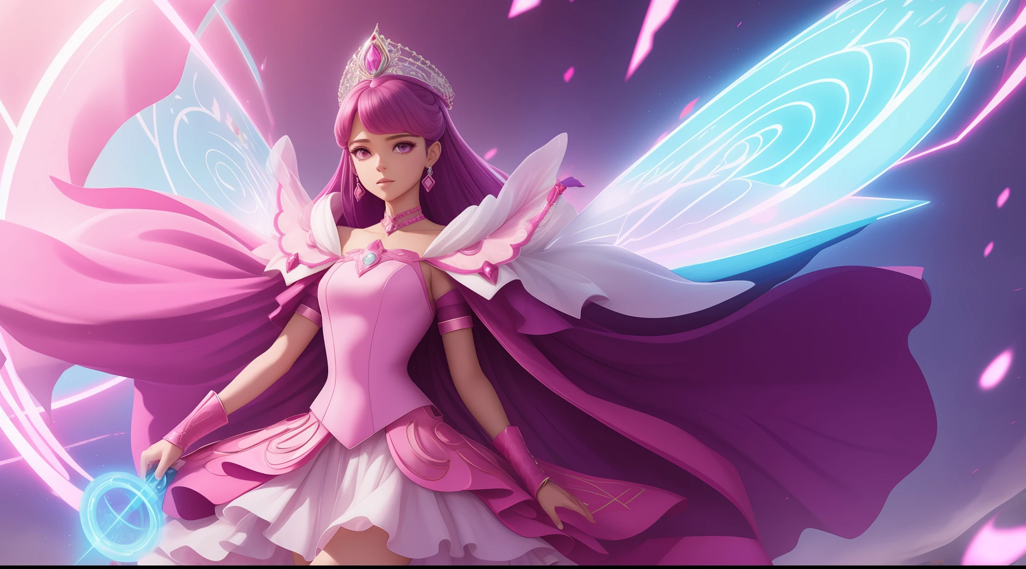 personagem shira a princesa do poder da netflix com uma roupa futurista com tecnologia rosa e oculos com visao de calor hiper colorido com fundo ditopico , hiper detalhado HD com cores saturadas