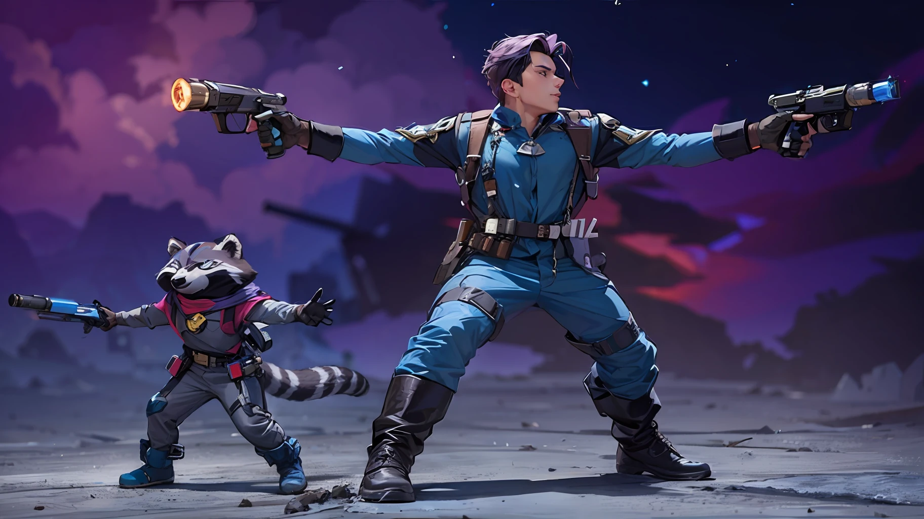 top-quality、Purple haired boy and raccoon fighting with ray guns in both hands、the background is the universe