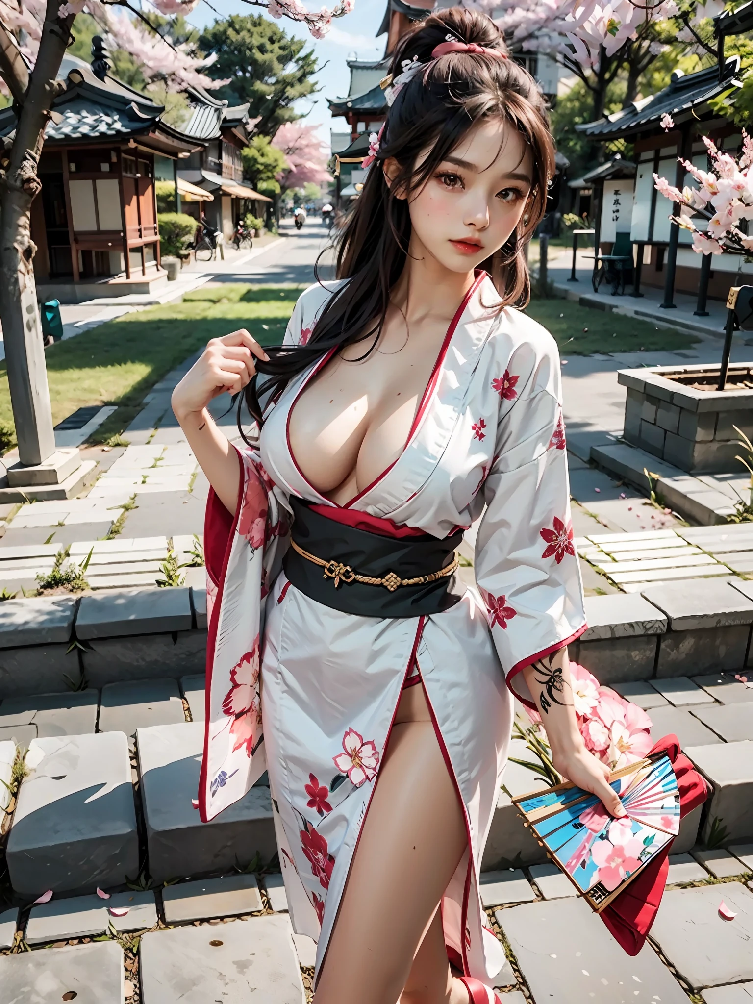 (((((Breast elevation,standing on your feet))))),(((32k resolution))),Straighten your waist,Dress neatly, Long legs, ((huge tit)), ((((Colorful Japanese kimono,Pink kimono,Golden kimono:1.2)))), ((under a sakura tree)),with a simple background,The small mouth opens slightly,White skin,((Messy hair,Ultra-fine hair)),Beautiful tattoos,Pure and beautiful,Slim,The most beautiful woman in the world,dark red lips,Face lighting,realisticlying,Head flower,Hairpins,Premium yukata,Palace fan,folding fan,耳Nipple Ring,Clean skin,Japanese kimono bathrobe,stocklings,red high heel pumps,on focus。