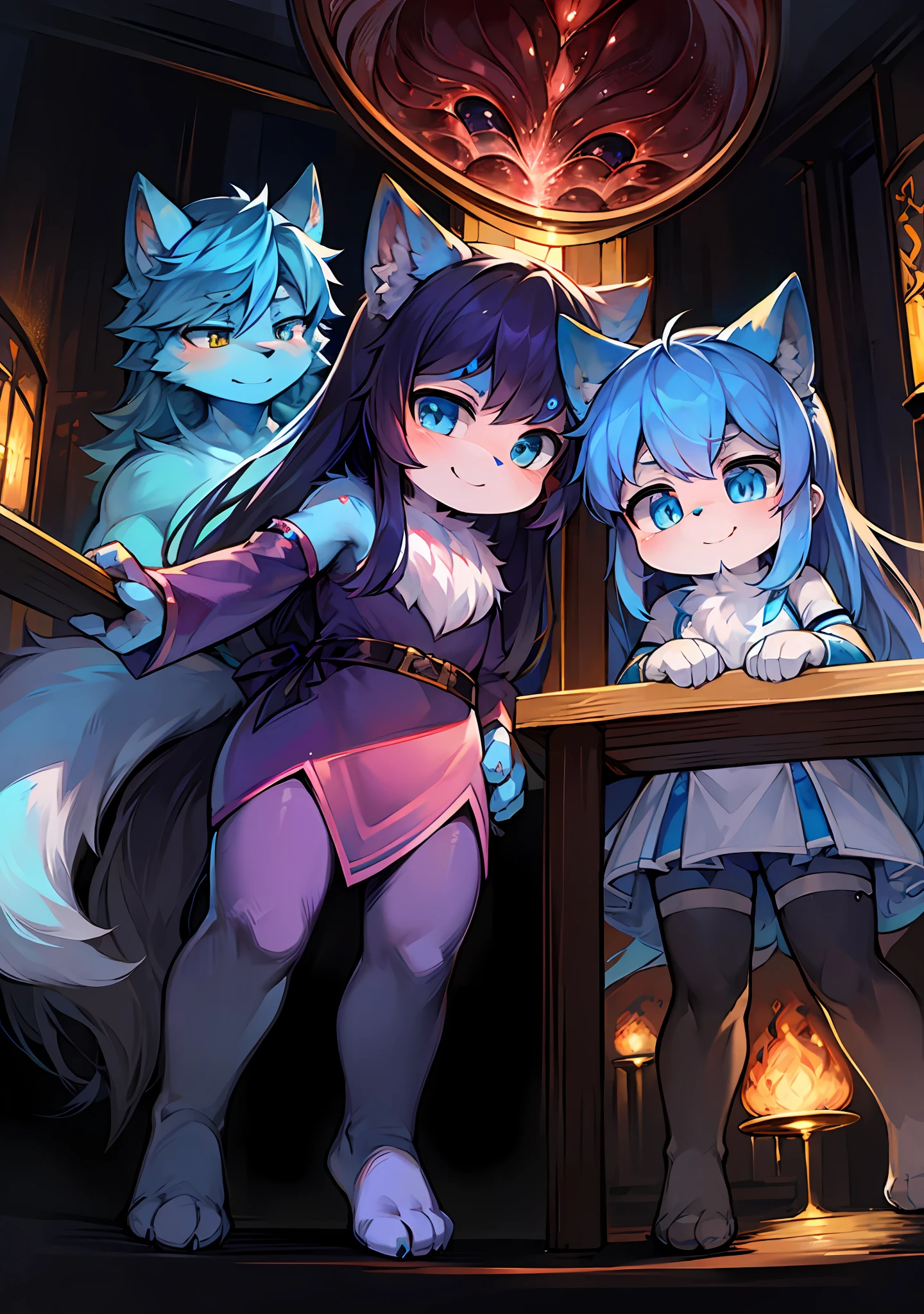 Bright eyes,in a panoramic view,Focus is prominent,Enhanced background details(0.7),Go it alone,Furry female character,The heroine stands out,Fluffy tail,eBlue eyes,Emphasize blue skin,Younger age,Childhood,Focus on the child,Cute petite emphasis,A smile on his face(1.2),Strengthen long-haired animals(1.2),Internal view、the night、borgar(1.1)。