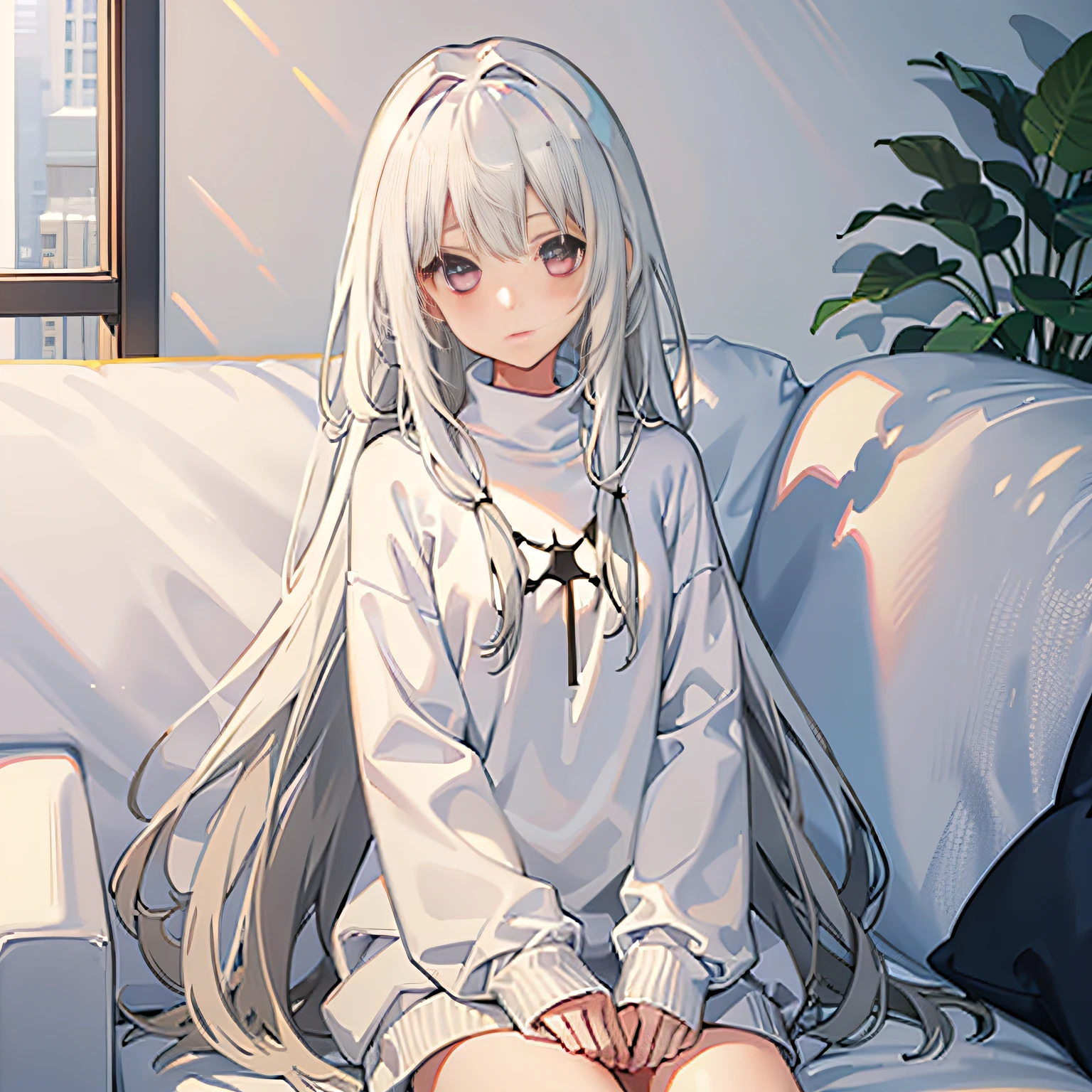 1girl, long hair, solo, sweater, looking at viewer, white hair, couch, white sweater, indoors, sitting, cable knit, closed mouth, aran sweater, blue eyes, korean text, grey eyes, long sleeves, wavy hair, plant, sunlight, bangs