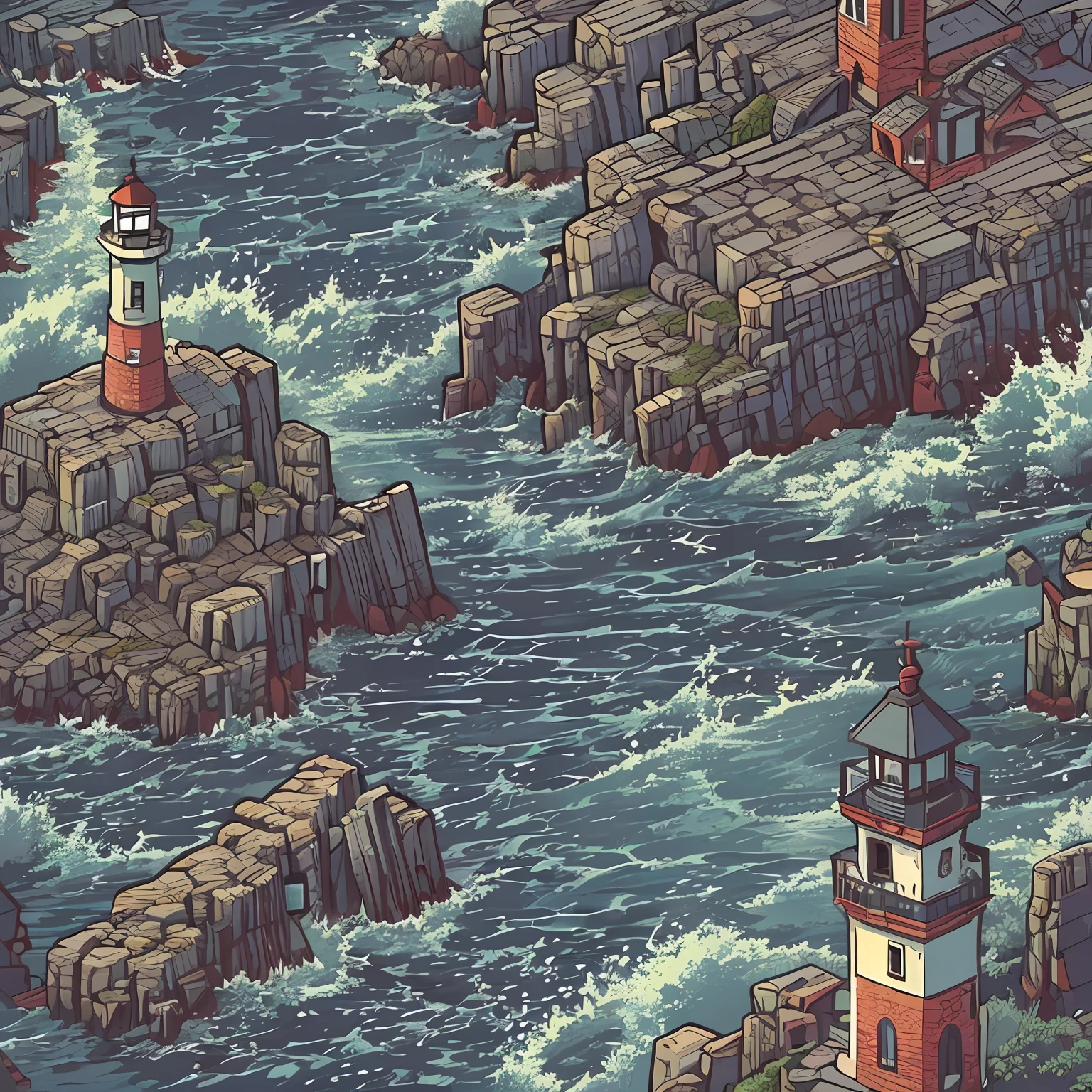A charming lighthouse on a rocky coastline, with crashing waves and a stormy sky, high detail, nautical, landscape, RPG style, Pixel art, top-down angle