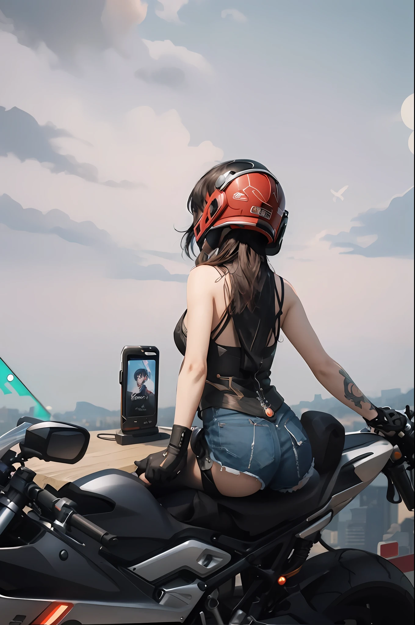 There was a woman sitting on a motorcycle holding a mobile phone, Guviz-style artwork, Guviz, 8 K, 4 K, sitting on cyberpunk motorbike, 4k wallpaper, by Yang J, Artgerm and Atey Ghailan, trending on cgstation, author：Shitao, guweiz masterpiece