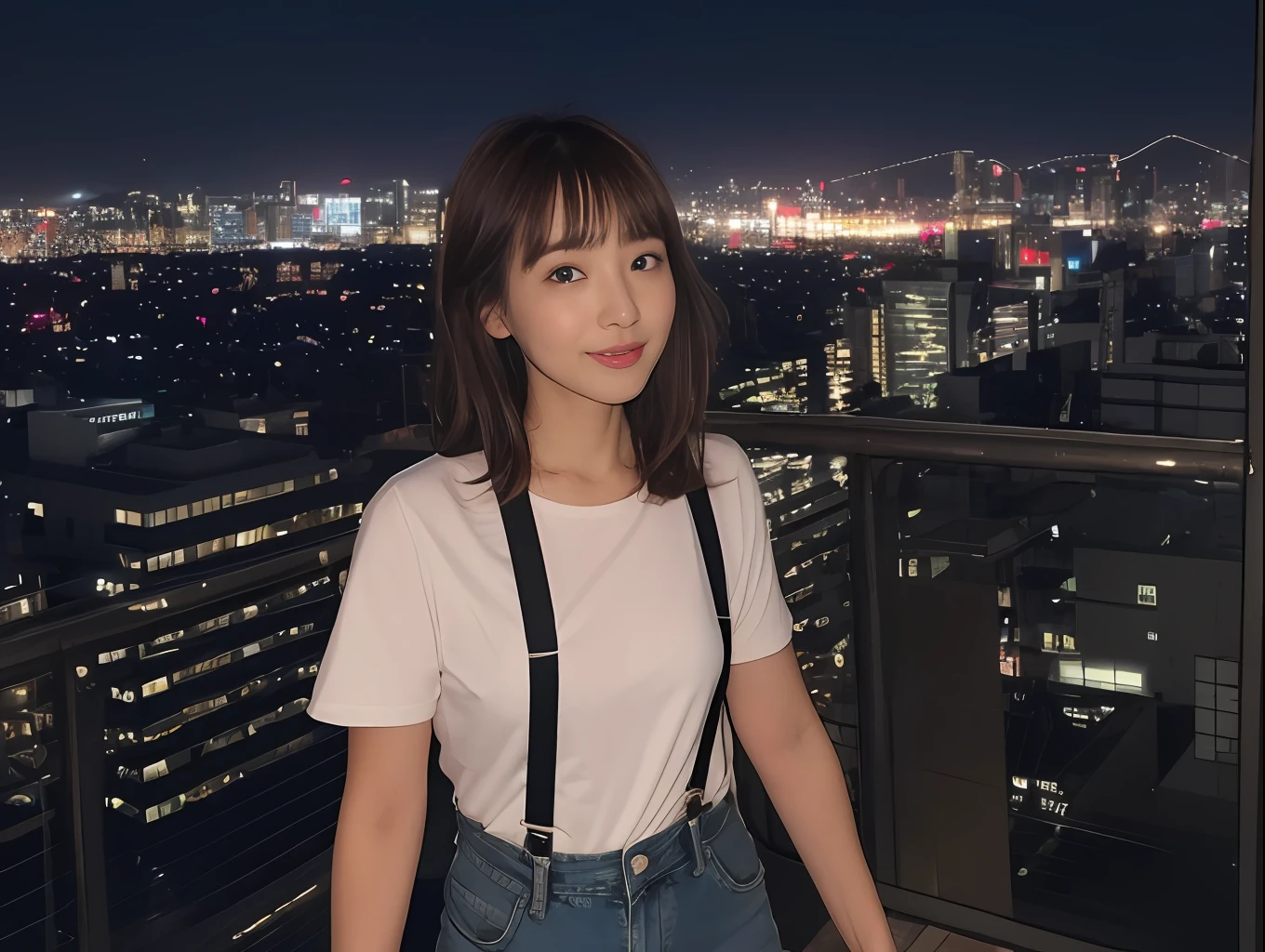((midynight, Need, 8k, tmasterpiece:1.3)), The upper part of the body, Focalors:1.2, perfect figure beautiful woman:1.4, Slim abs:1.1, ((Dark brown hair )), (white tight t-shirt, Denim suspenders, standing on your feet:1.2), ((city night scene, the roof:1.3)), Highly detailed facial and skin texture, A detailed eye, 二重まぶた