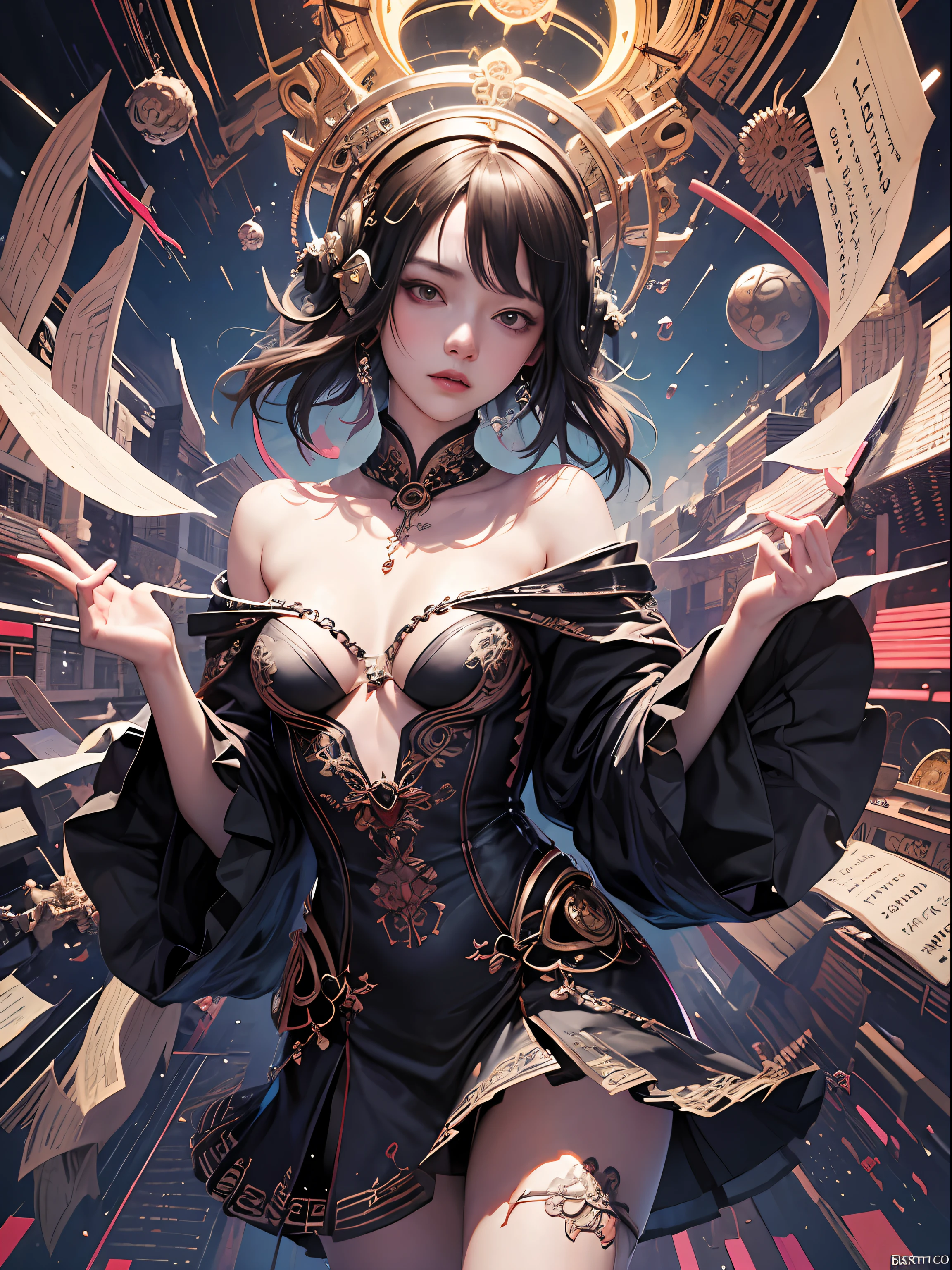 official art, unity 8k wallpaper, ultra detailed, beautiful and aesthetic, masterpiece, best quality, (zentangle, mandala, tangle, entangle), (fractal art:1.3) , 1girl, extremely detailed, dynamic angle, cowboyshot, the most beautiful form of chaos, elegant, a brutalist designed, vivid colours, romanticism, by james jean, roby dwi antono, ross tran, francis bacon, michal mraz, adrian ghenie, petra cortright, gerhard richter, takato yamamoto, ashley wood, atmospheric, ecstasy of musical notes, streaming musical notes visible