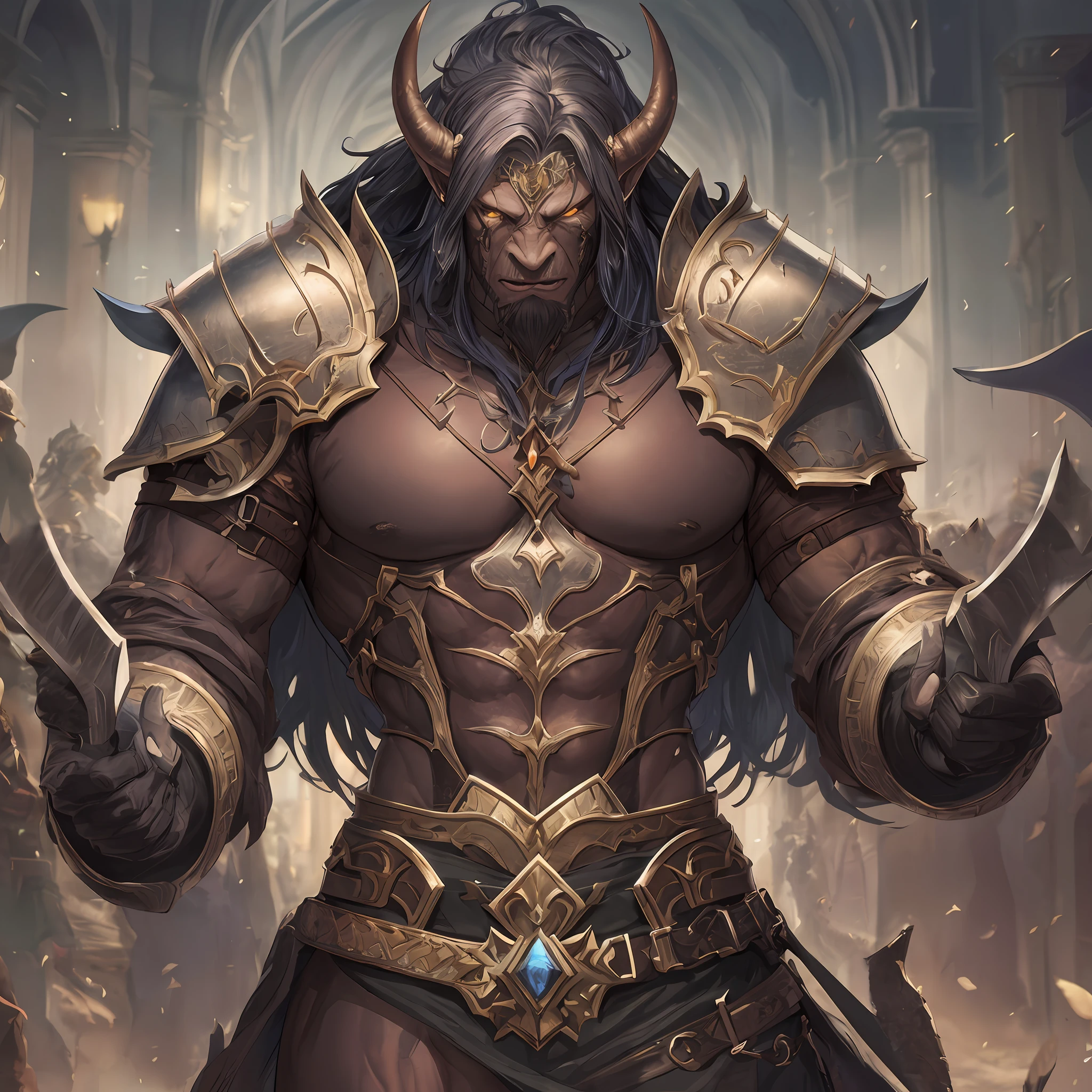 Orcs, dark-skinned, horned, armor, strong, highly detailed, masterpiece, shadowverse style