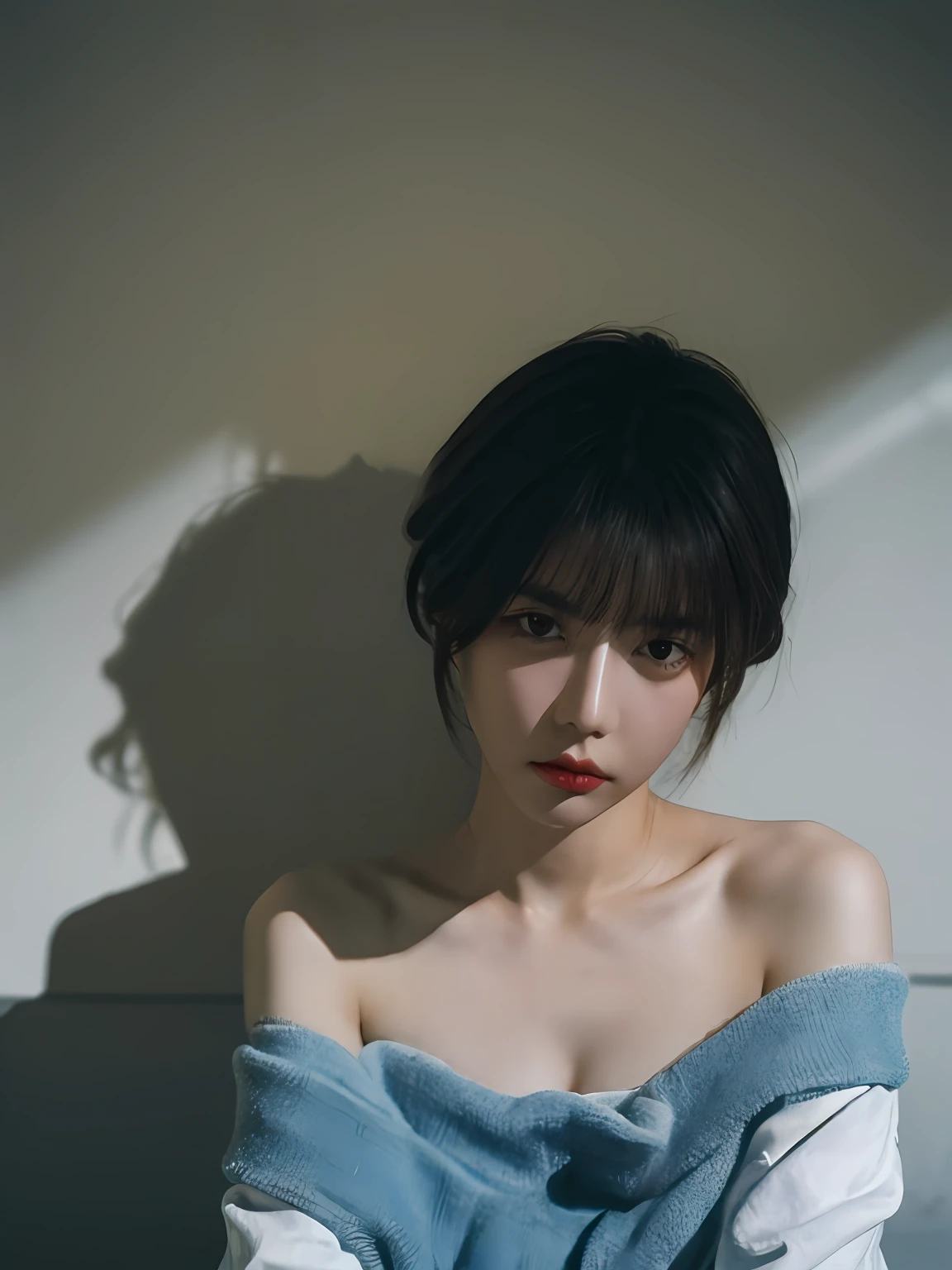 Best quality, masterpiece, ultra high res, (photorealistic:1.5), raw photo, 1girl, offshoulder, in the dark, deep shadow, low key, cold light, sexy look, short hair