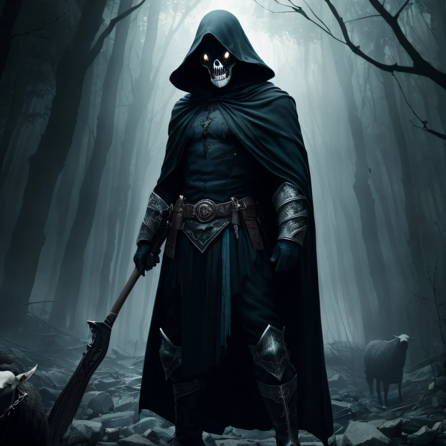 Killing representative,black, Green, Blue and white armor texture complex pattern handsome,Put on the Grim Reaper cloak,Sheep's hooves feet,The background is a terrifying hellish environment,Image quality: Ultra-high detail CG,Dark background,The light is dim,Show the breath of killing,There are hellfire and dead souls everywhere around。(tmasterpiece, Excellent image quality, hyper-high detail, horror theme, deep dark background, low illuminance, The details are unbeatable)