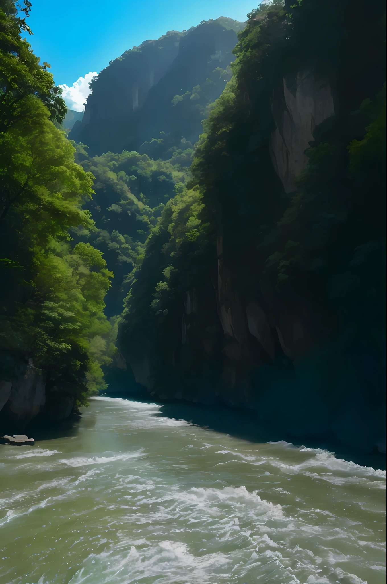 There was a man on the mountain on a boat ride on the river, inside a gorge, in between a gorge, gorge in the mountain, mountains river trees, river running thru the middle, The river at the bottom, rios、Trees and hills, zhangjiajie national forest park, The river runs through it, with a river running through it。Li Bai held the wine glass in his hand。