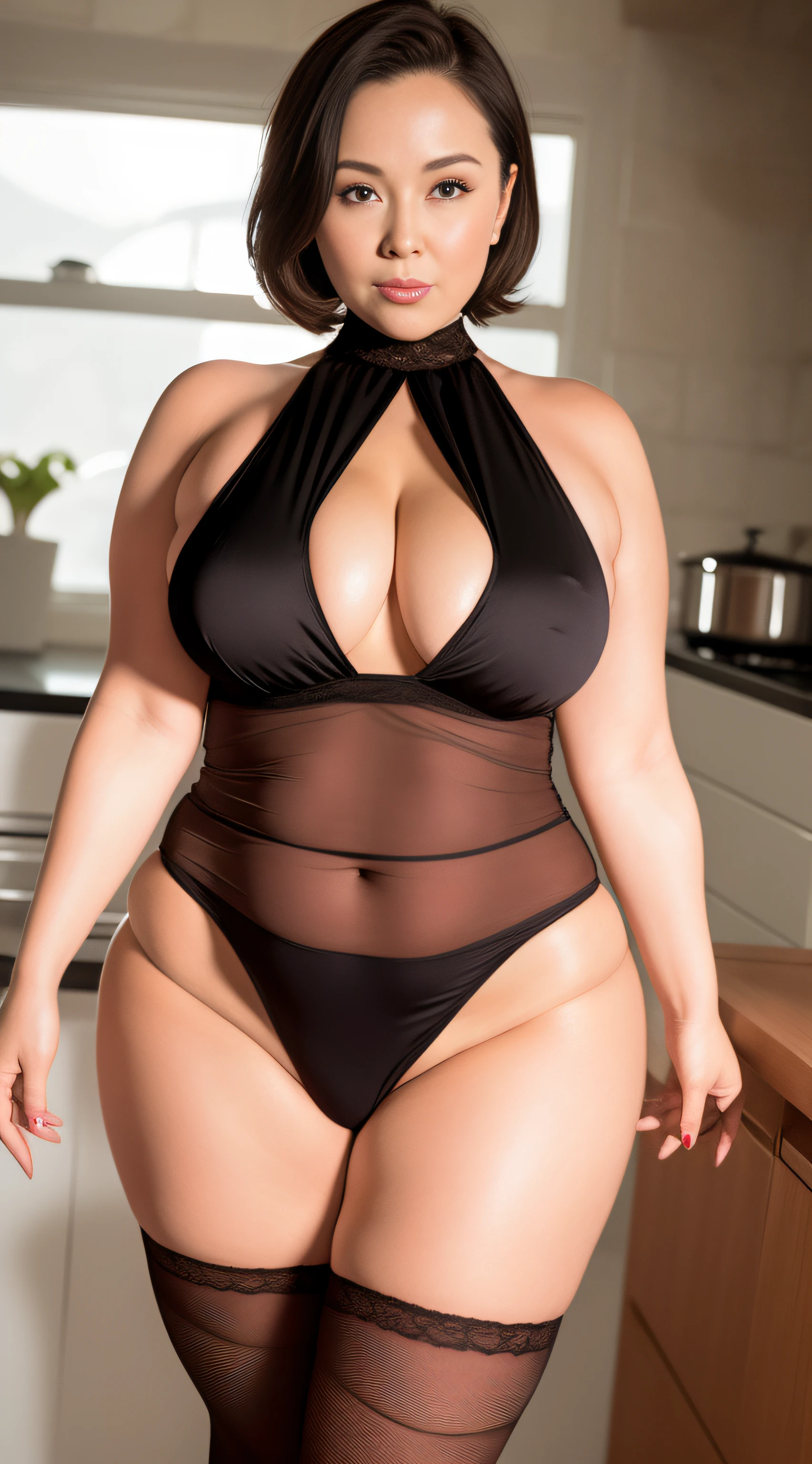 Brown hair woman in kitchen with white counter in black transparent underwear, hyperrealistic full figure, Full body photo，Stand with your legs spread，Black heels，Voluptious body, Sexy black silk,  big breasts exposed cleavage，Ayami Kojima，Sexy red lips，soft curvy shape, curvy hourglass figure, Erotic lingerie，Bareness of the underparts，see through lingerie，scantily clad, big breasts exposed cleavage，Perfect curvy body,Delicate and fair skin，Busty,Large breasts，sfv， voluptuous figure, realistic shadow perfect body,