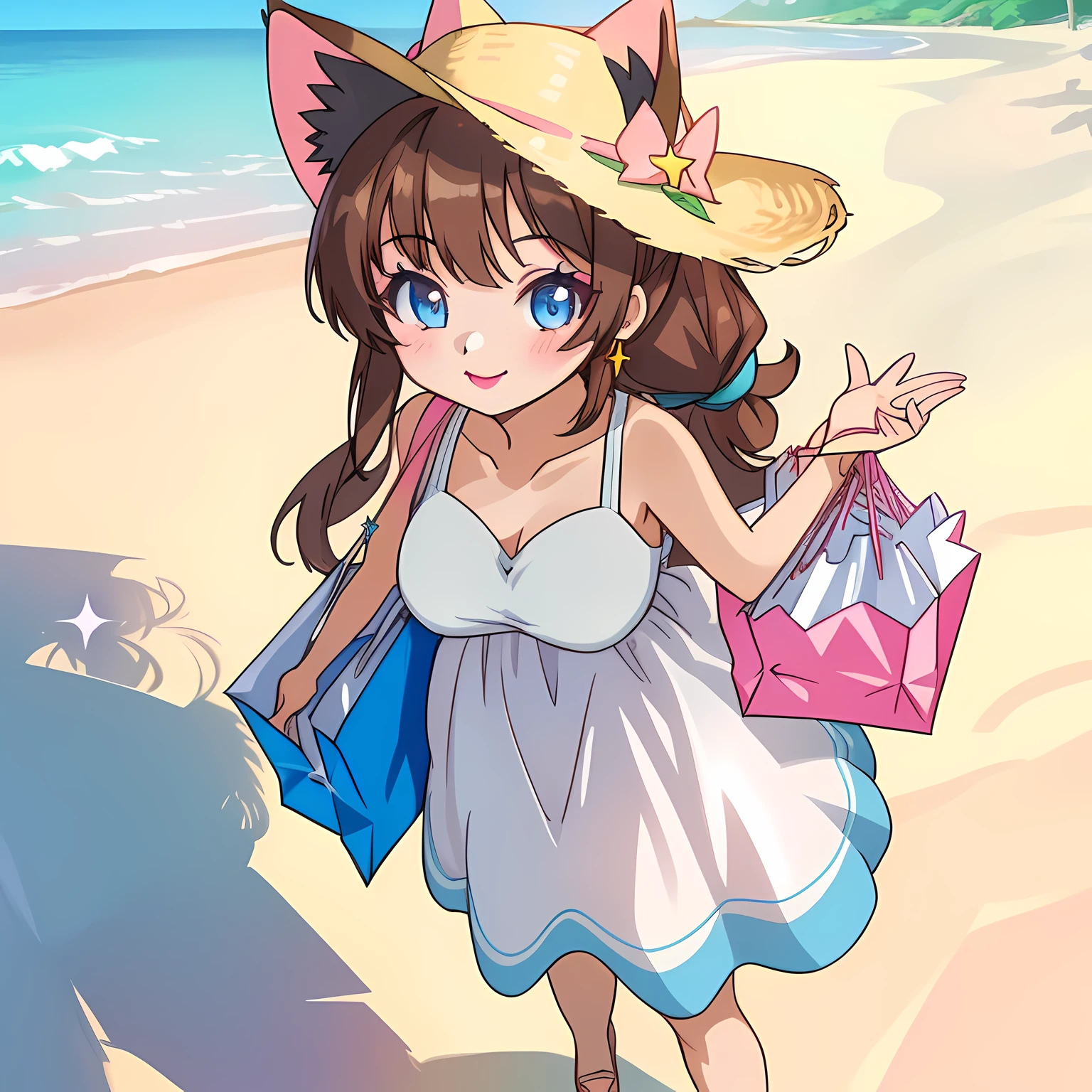 (Highly Detailed CG Unity 8k Wallpaper), (Top Quality), (Super Detail), (Best Illustration), (Best Shadow), POV, Realistic Lighting and Shading, Natural Light, Lens Flare Effect, BREAK, 1 beautiful girl, solo, (Cute: 1.5), (Chibi: 0. 8), (Kawaii: 1.5), (Loli: 0. 5), BREAK, (( girl), very detailed, colorful, best detail, BREAK, (big tits: 1. 2,), clear skin, beautiful skin, shy, 1 beautiful girl, brown hair, (cat ears, pony tail, medium long hair: 1. 2), (light blue eyes, long eyelashes, double eyelids: 1.2), solo, glowing skin, BREAK, (casual beachwear: 1.2), (light summer dress: 1.2), (white straw hat: 1.0), (stylish pumps for date night: 1. 0), (star-shaped earrings: 1.1), (black pantyhose: 1.0), (cute accessories: 1.3) BREAK, (light pink eye shadow, blush, cute lipstick:1.3), (looking up, smiling, waving right hand:1.1), (busy shopping mall, shopping date, arm in arm with boyfriend:1.2),