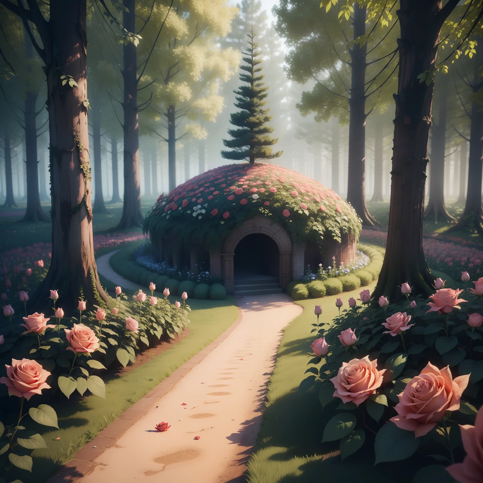 Roses stand out in the middle of the flower forest with fairy tale 3d style