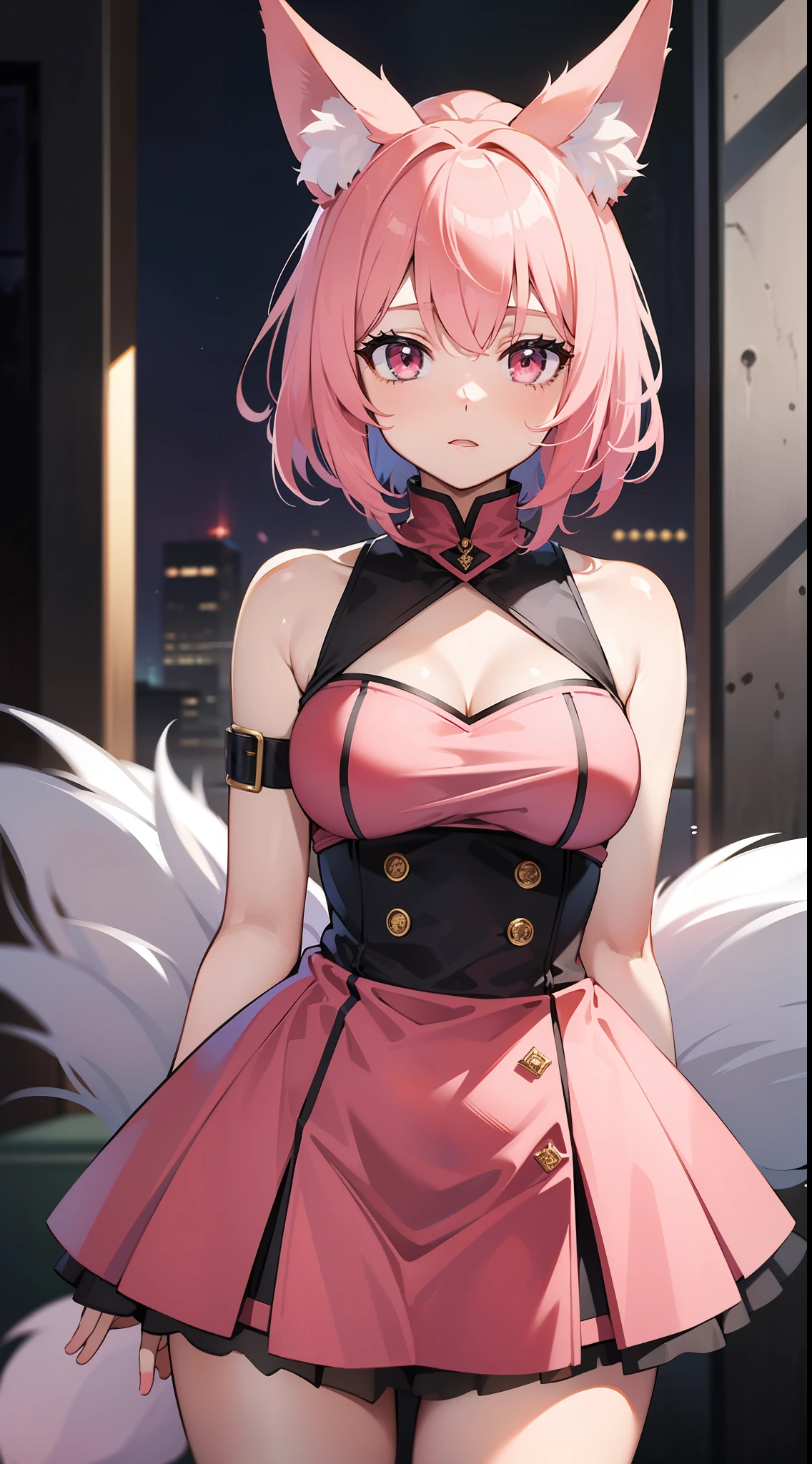 Tall girl, short pink hair, high ponytail, Fox ears, pink eyes, Fox tails, light dress, open shoulders, Masterpiece, hiquality
