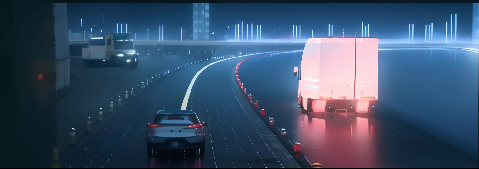 There was a truck running a red light on the road, 2 0 7 7, 2077, 2030, cars on the road, 2070, light transport simulation, Hologram paint car, 2049, 2050, cybertruck, 2 0 5 6, the image is futuristic