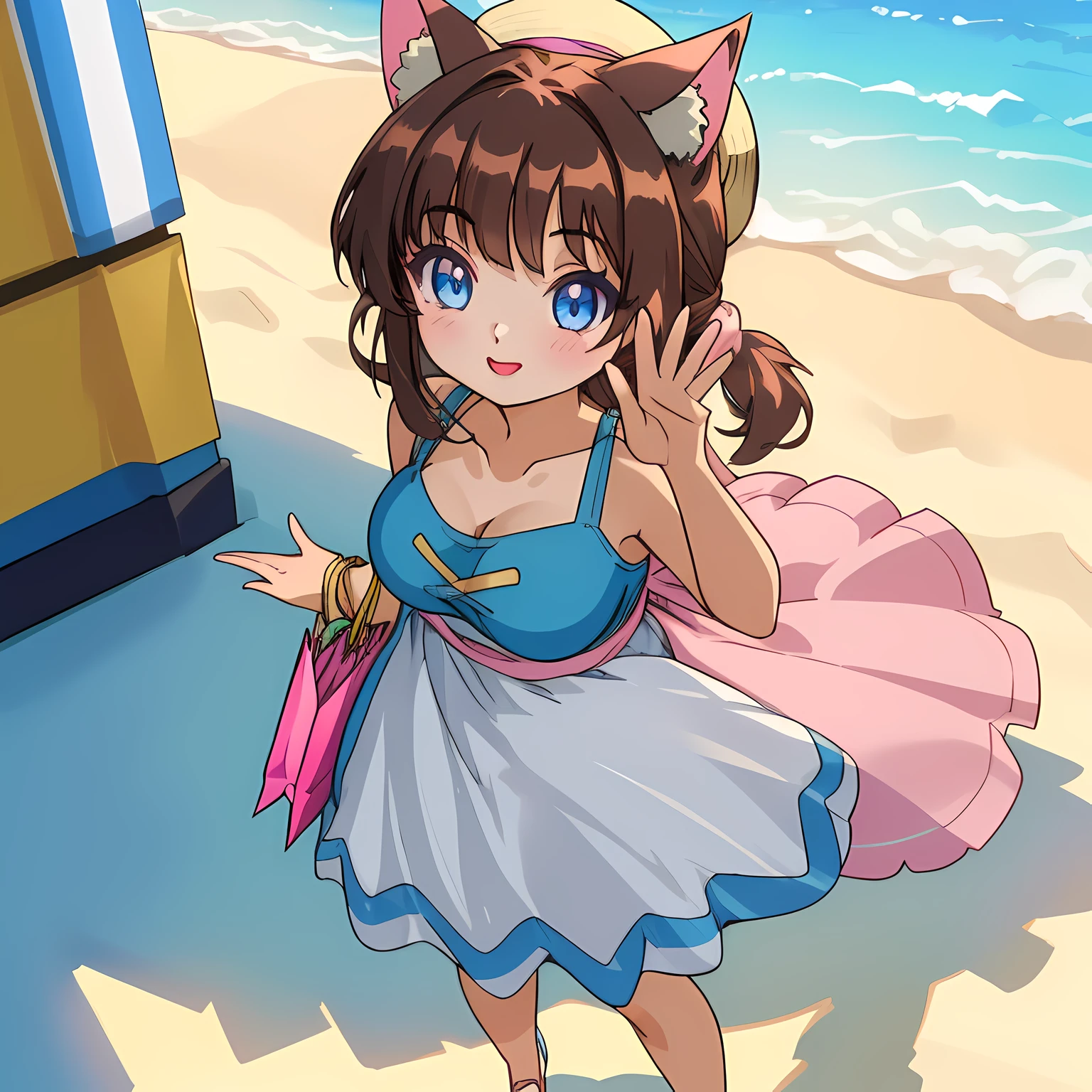 (Highly Detailed CG Unity 8k Wallpaper), (Top Quality), (Super Detail), (Best Illustration), (Best Shadow), POV, Realistic Lighting and Shading, Natural Light, Lens Flare Effect, BREAK, 1 beautiful girl, solo, (Cute: 1.5), (Chibi: 0. 8), (Kawaii: 1.5), (: 0. 5), BREAK, ((17 year old girl), very detailed, colorful, best detail, BREAK, (big tits: 1. 2,), clear skin, beautiful skin, shy, 1 beautiful girl, brown hair, (cat ears, pony tail, medium long hair: 1. 2), (light blue eyes, long eyelashes, double eyelids: 1.2), solo, glowing skin, BREAK, (casual beachwear: 1.2), (light summer dress: 1.2), (white straw hat: 1.0), (stylish pumps for date night: 1. 0), (star-shaped earrings: 1.1), (black pantyhose: 1.0), (cute accessories: 1.3) BREAK, (light pink eye shadow, blush, cute lipstick:1.3), (looking up, smiling, waving right hand:1.1), (busy shopping mall, shopping date, arm in arm with boyfriend:1.2),