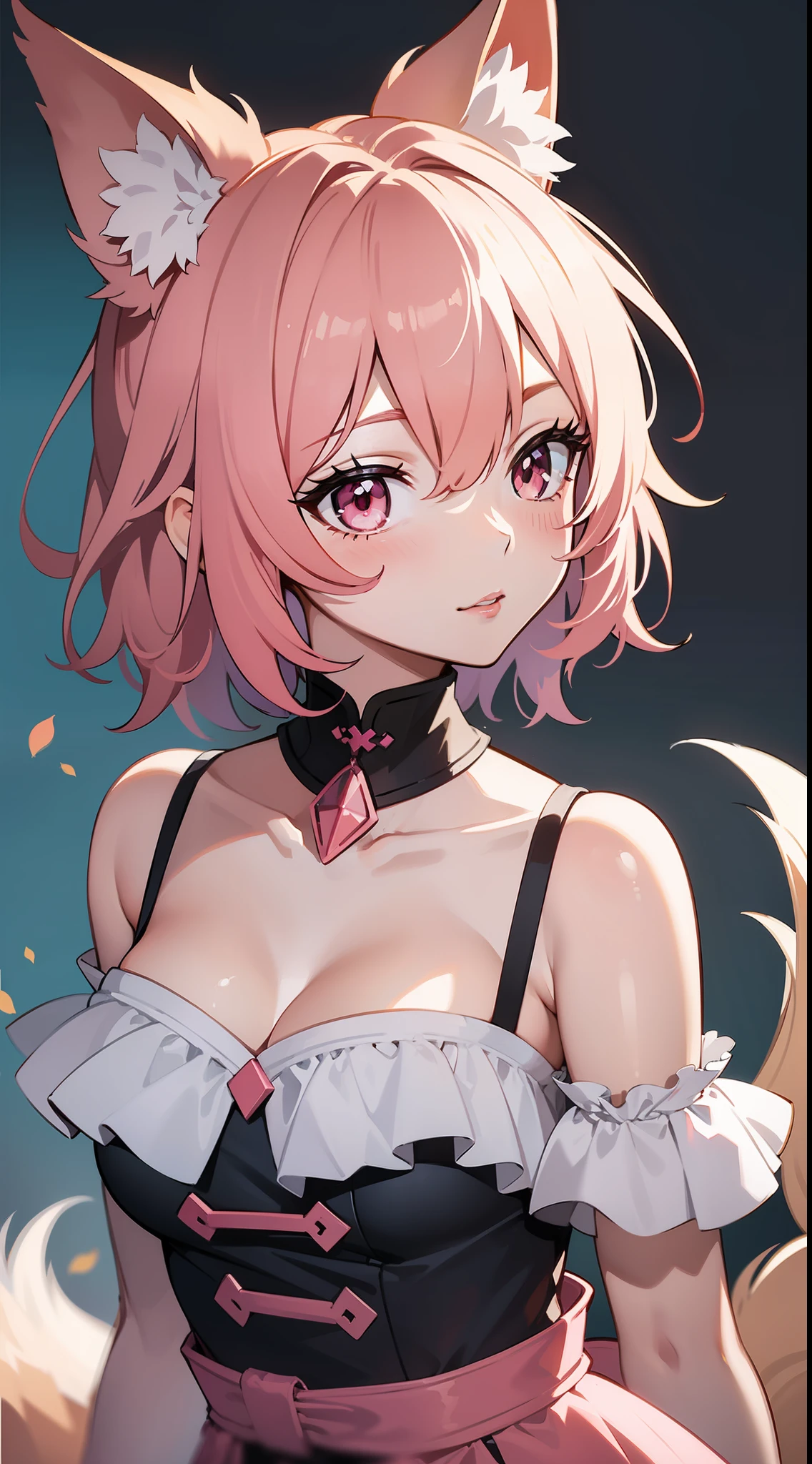 Tall girl, short pink hair, high ponytail, Fox ears, pink eyes, Fox tails, light dress, open shoulders, Masterpiece, hiquality